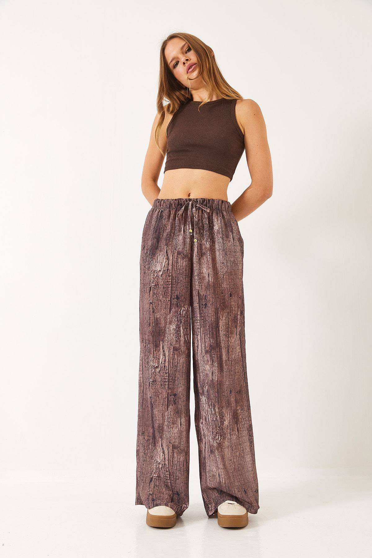 Kontrast Geçişli Cep Detaylı Wide Leg Pantolon 60440-2 60271056 - Kahve