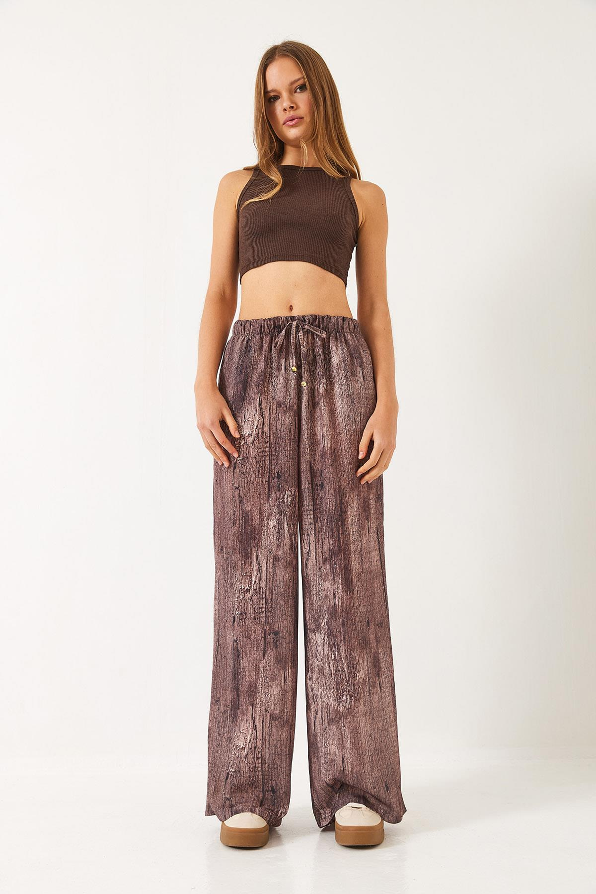 Kontrast Geçişli Cep Detaylı Wide Leg Pantolon 60440-2 60271056 - Kahve