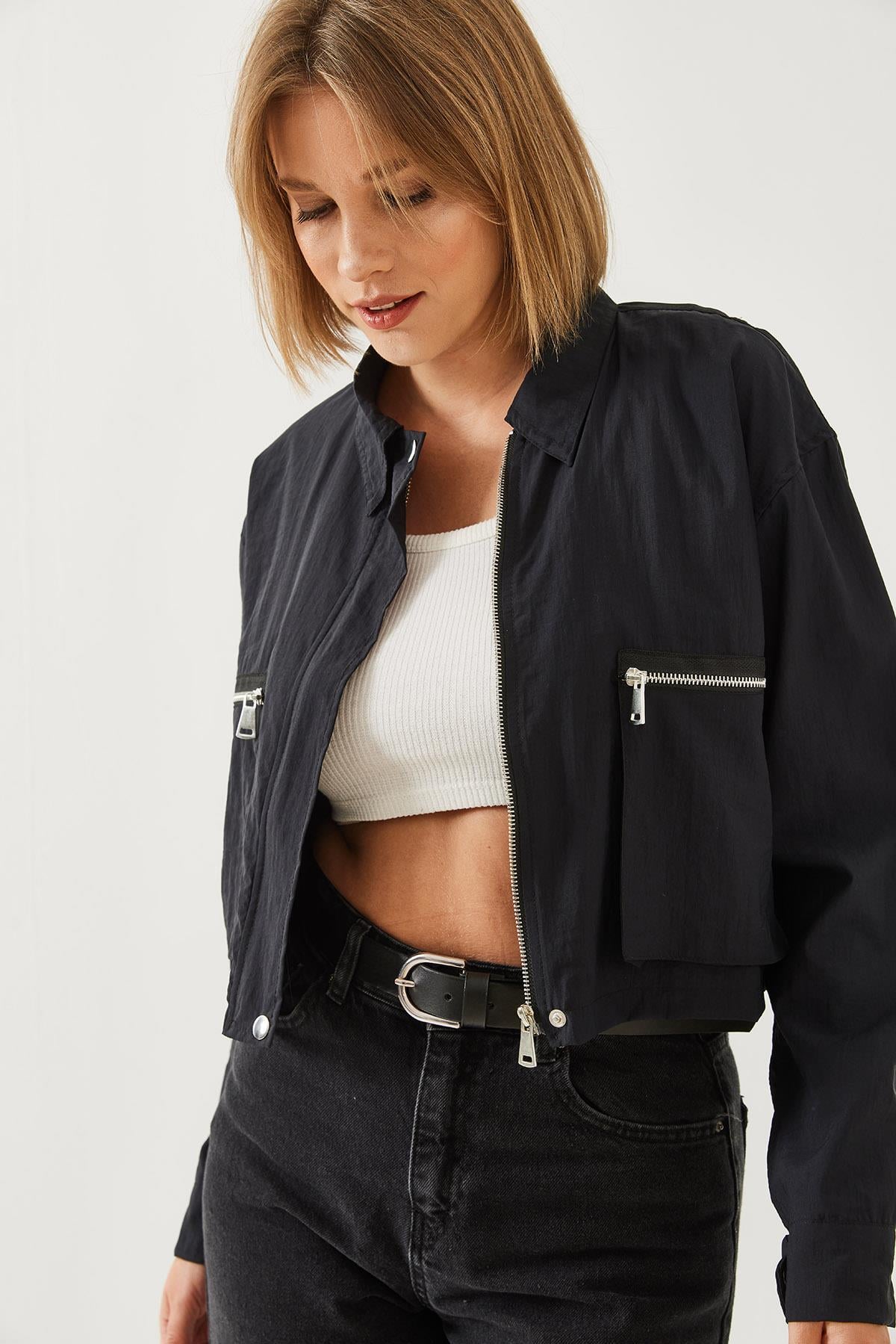 Körük Cepli Paraşüt Kumaş Crop Ceket 2403 60351152 - Siyah CEKET modelleri
