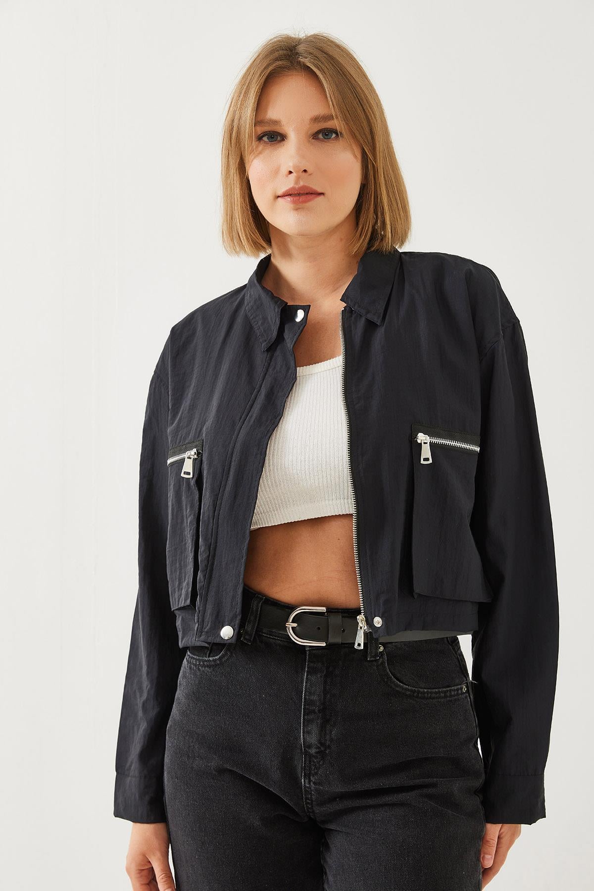 Körük Cepli Paraşüt Kumaş Crop Ceket 2403 60351152 - Siyah CEKET modelleri