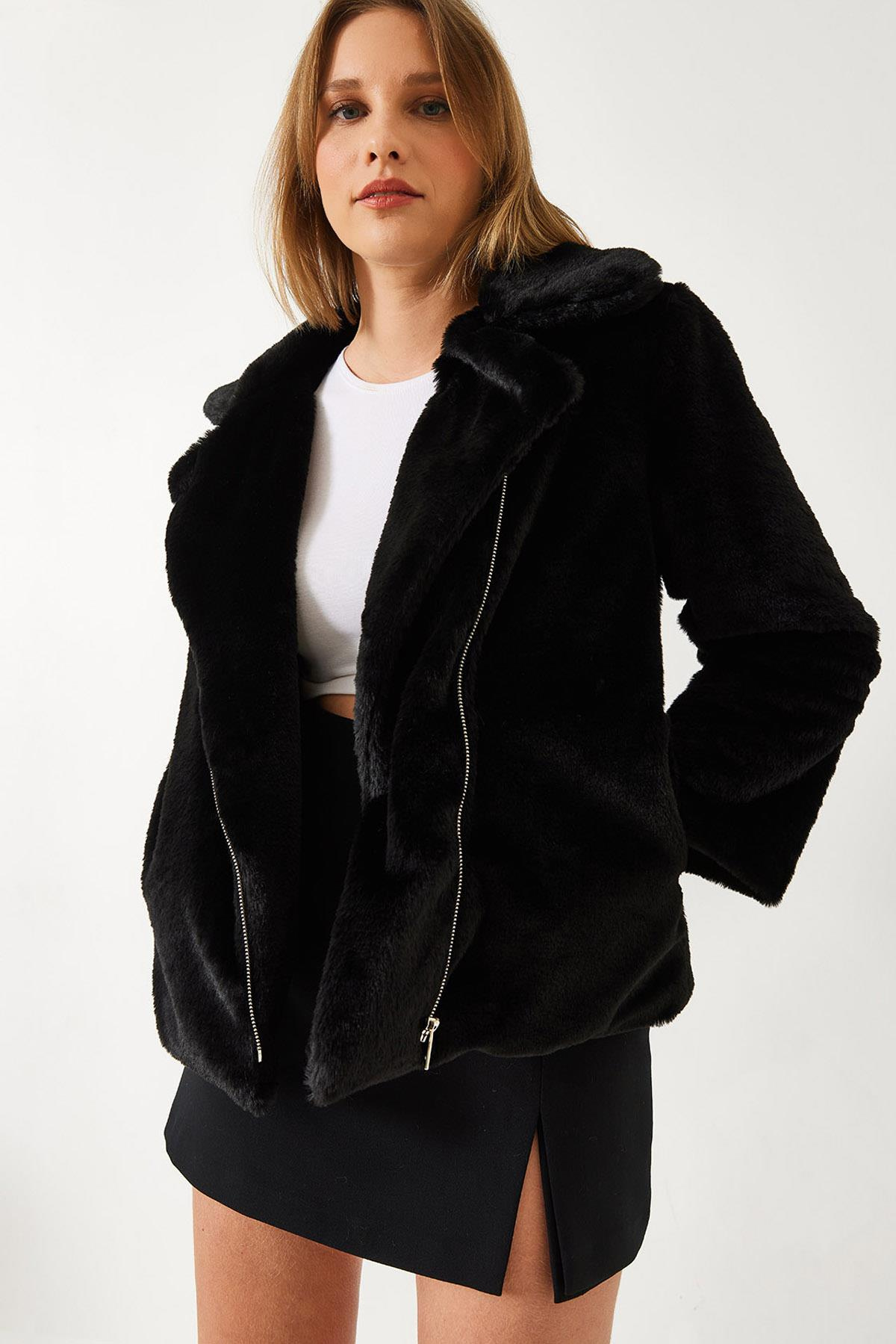 Kruvaze Yaka Peluş Kürklü Mont 2651 60351311 - Siyah
