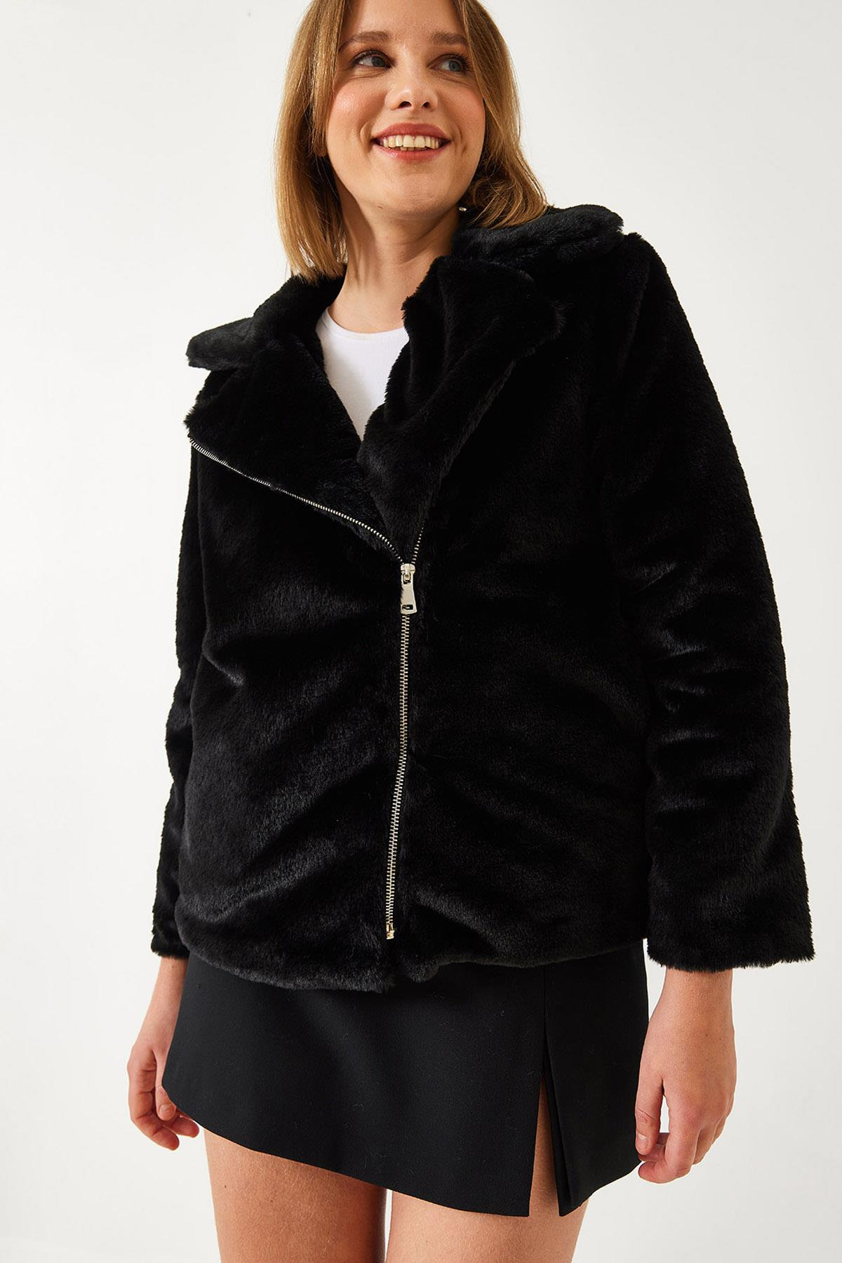 Kruvaze Yaka Peluş Kürklü Mont 2651 60351311 - Siyah