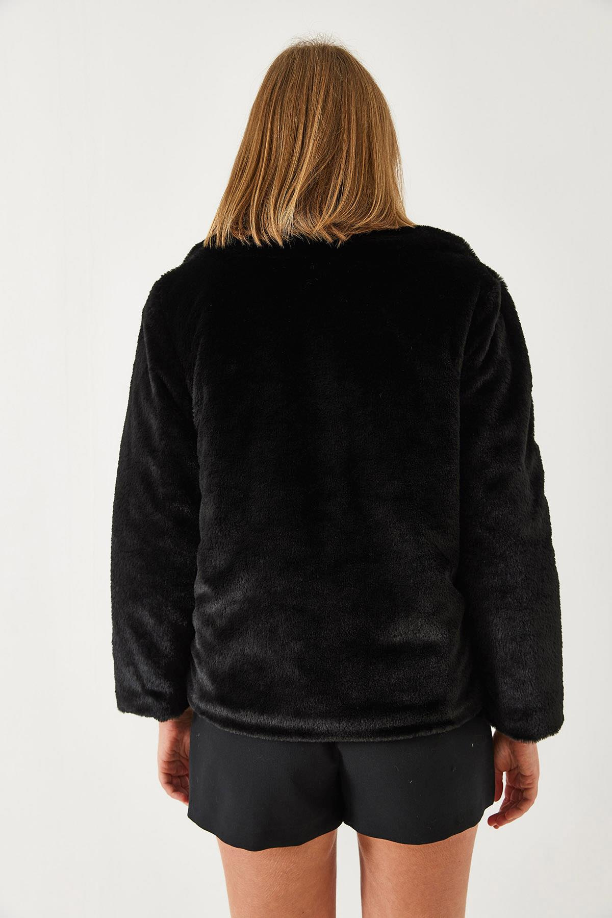 Kruvaze Yaka Peluş Kürklü Mont 2651 60351311 - Siyah