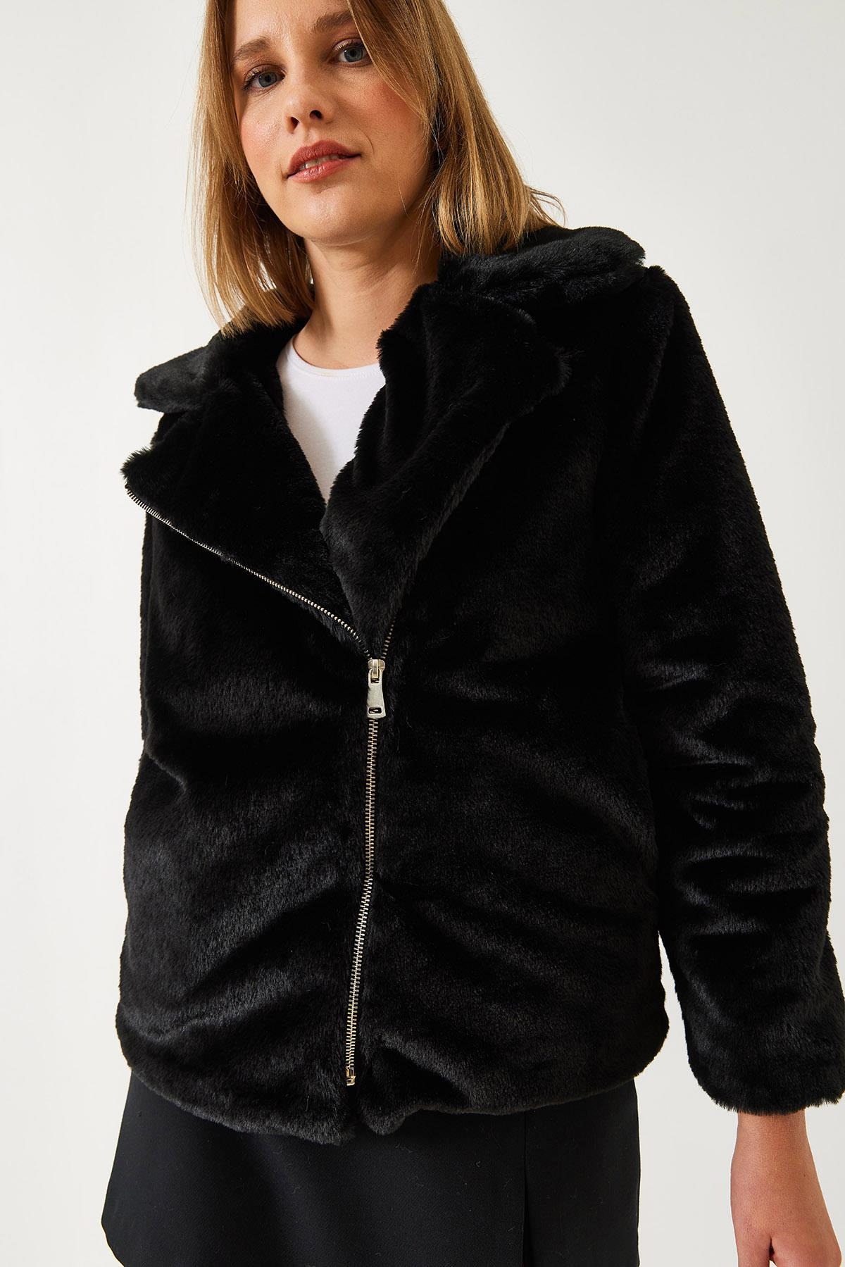 Kruvaze Yaka Peluş Kürklü Mont 2651 60351311 - Siyah