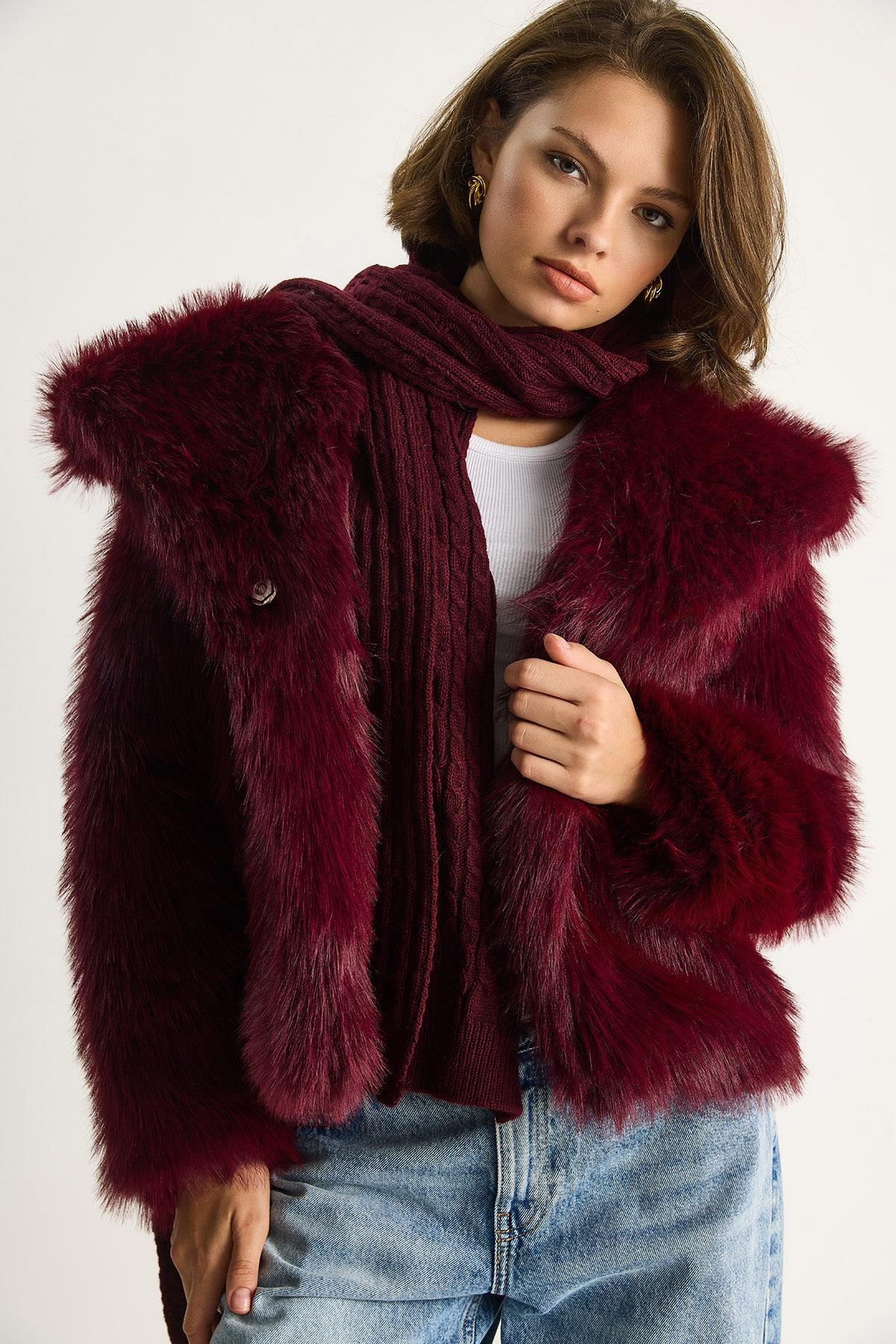 Kürklü Araboy Mont 2429 60351214 - Bordo DIŞ GİYİM modelleri