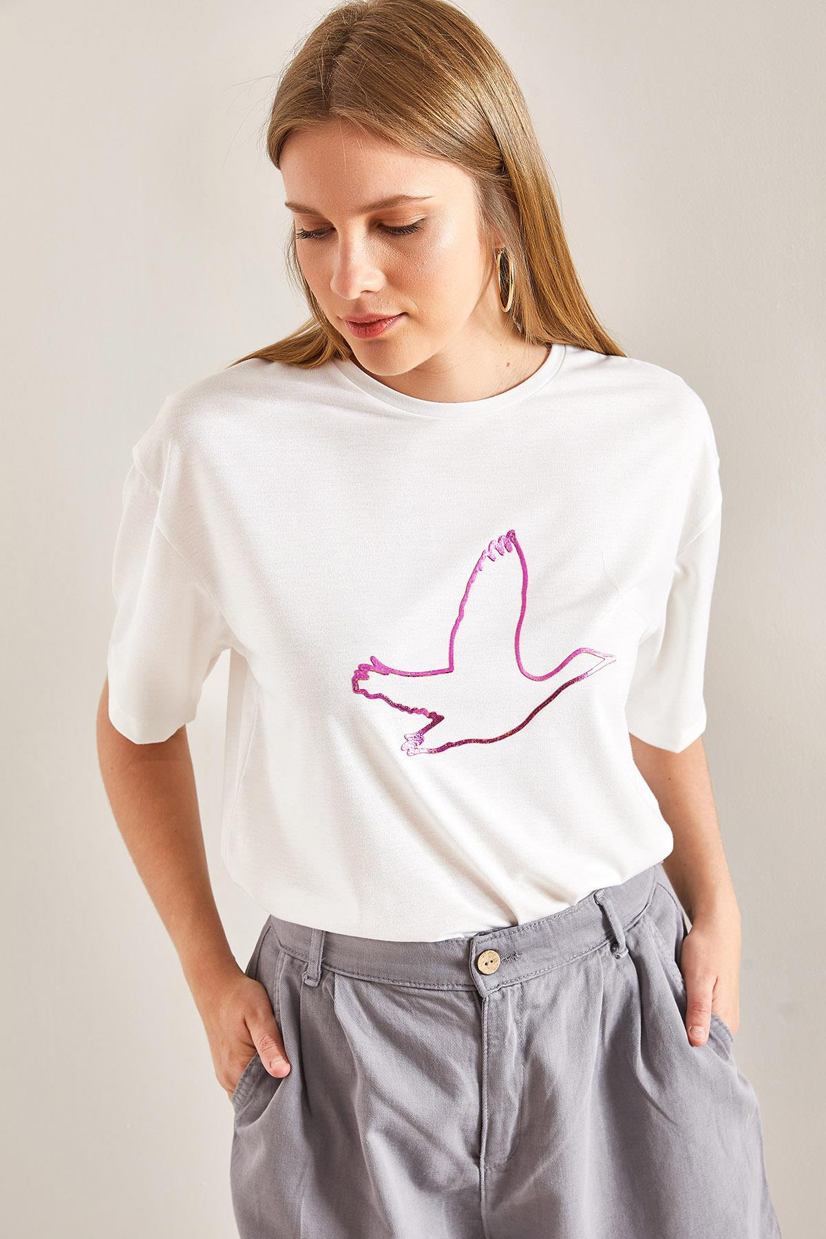 Kuş İşlemeli Basic Tshirt - Fuşya T-SHİRT modelleri