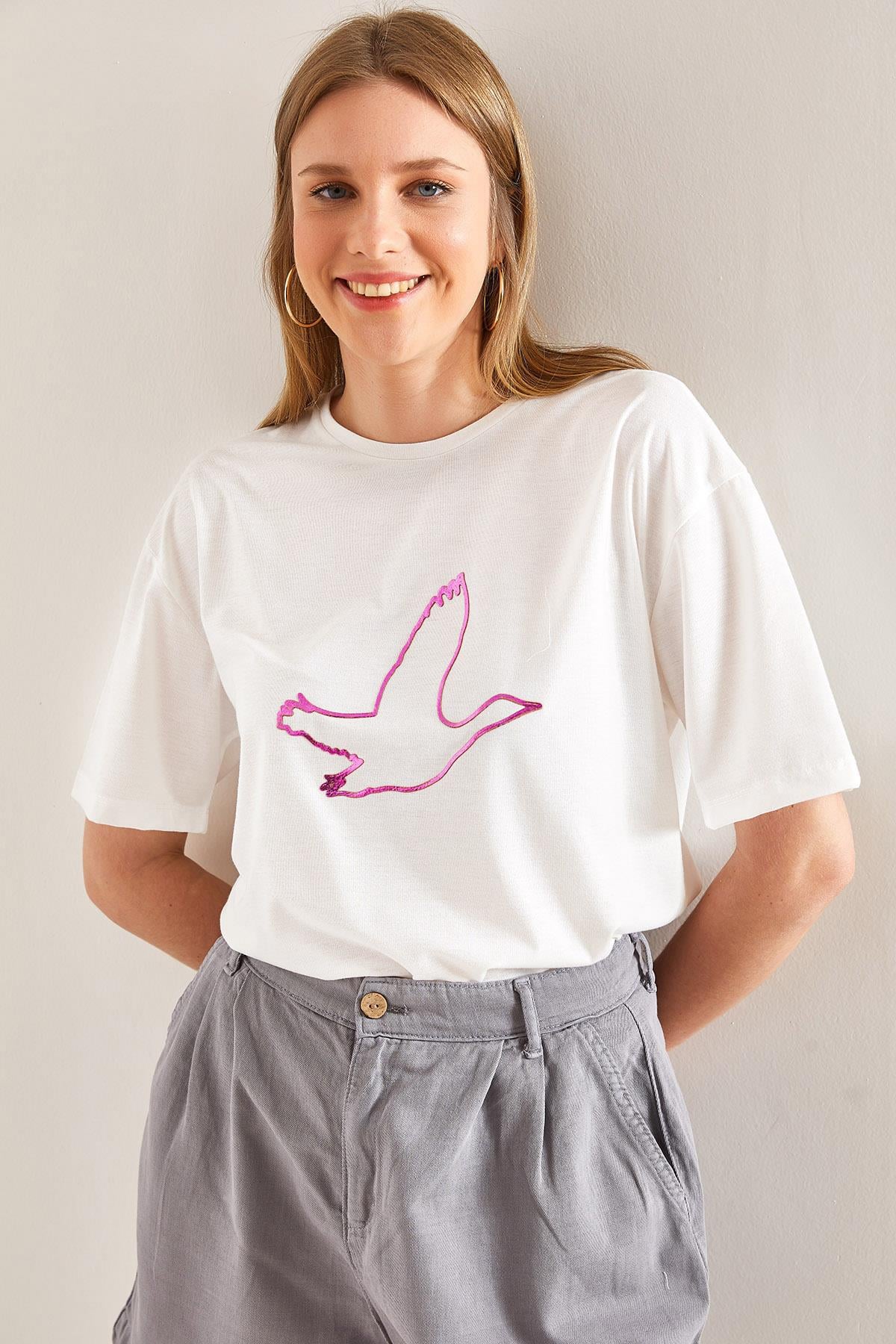 Kuş İşlemeli Basic Tshirt - Fuşya T-SHİRT modelleri