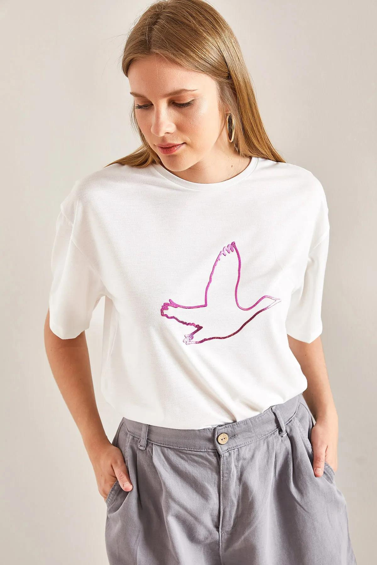 Kuş İşlemeli Basic Tshirt - Fuşya T-SHİRT modelleri