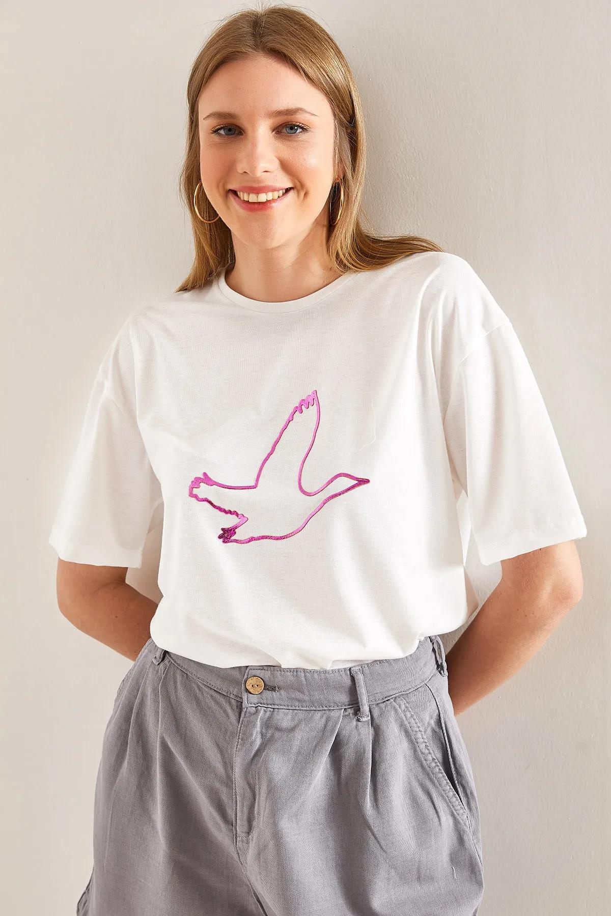 Kuş İşlemeli Basic Tshirt - Fuşya T-SHİRT modelleri