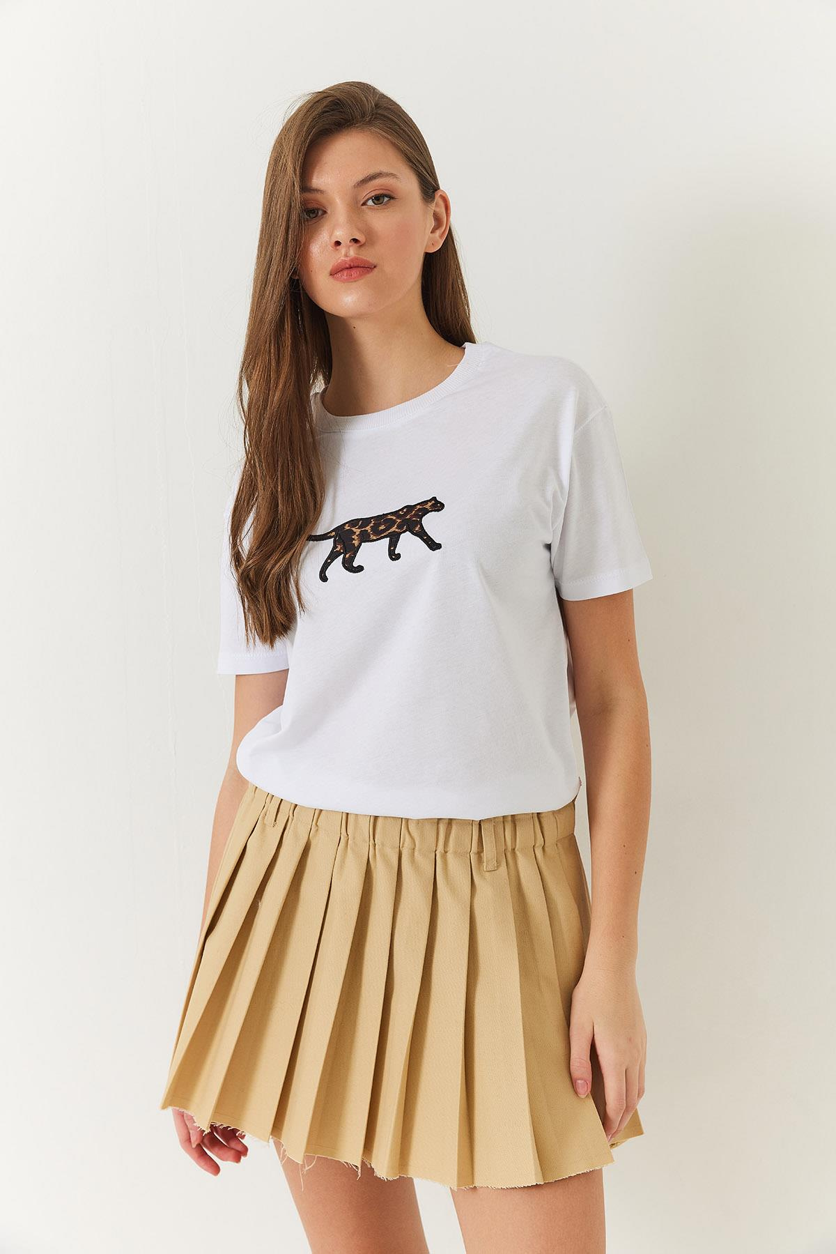 Leopar Baskılı Tshirt 60602006 - Beyaz