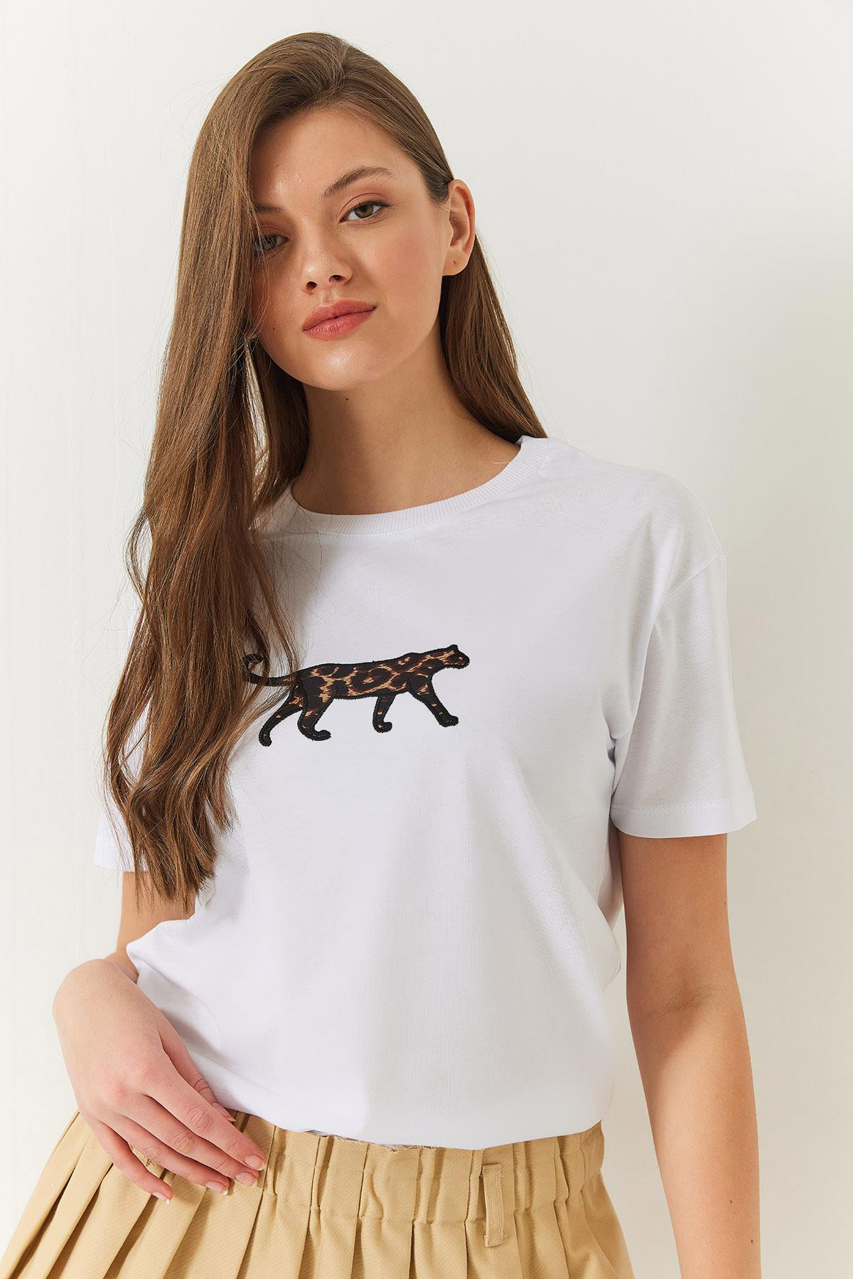 Leopar Baskılı Tshirt 60602006 - Beyaz