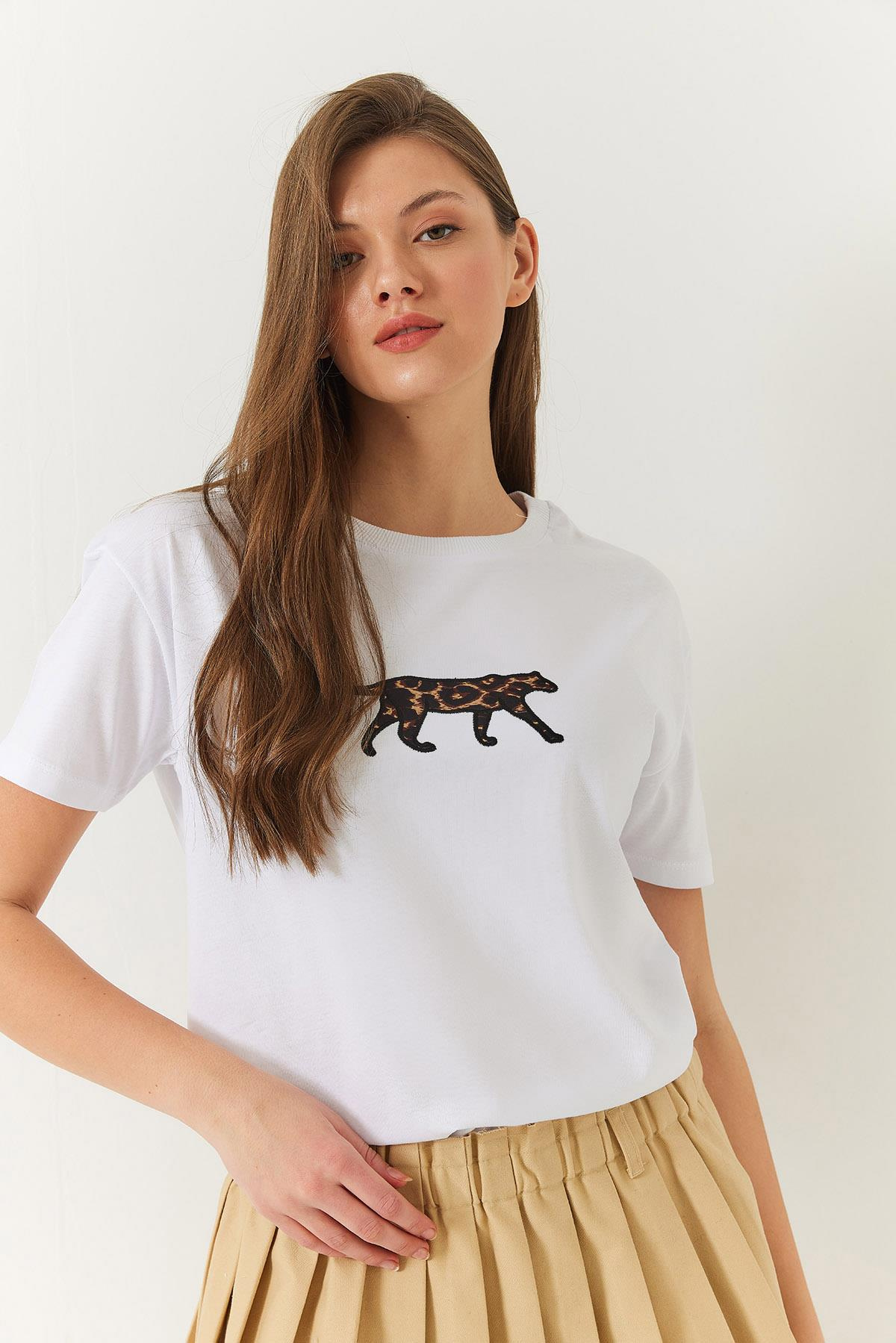 Leopar Baskılı Tshirt 60602006 - Beyaz