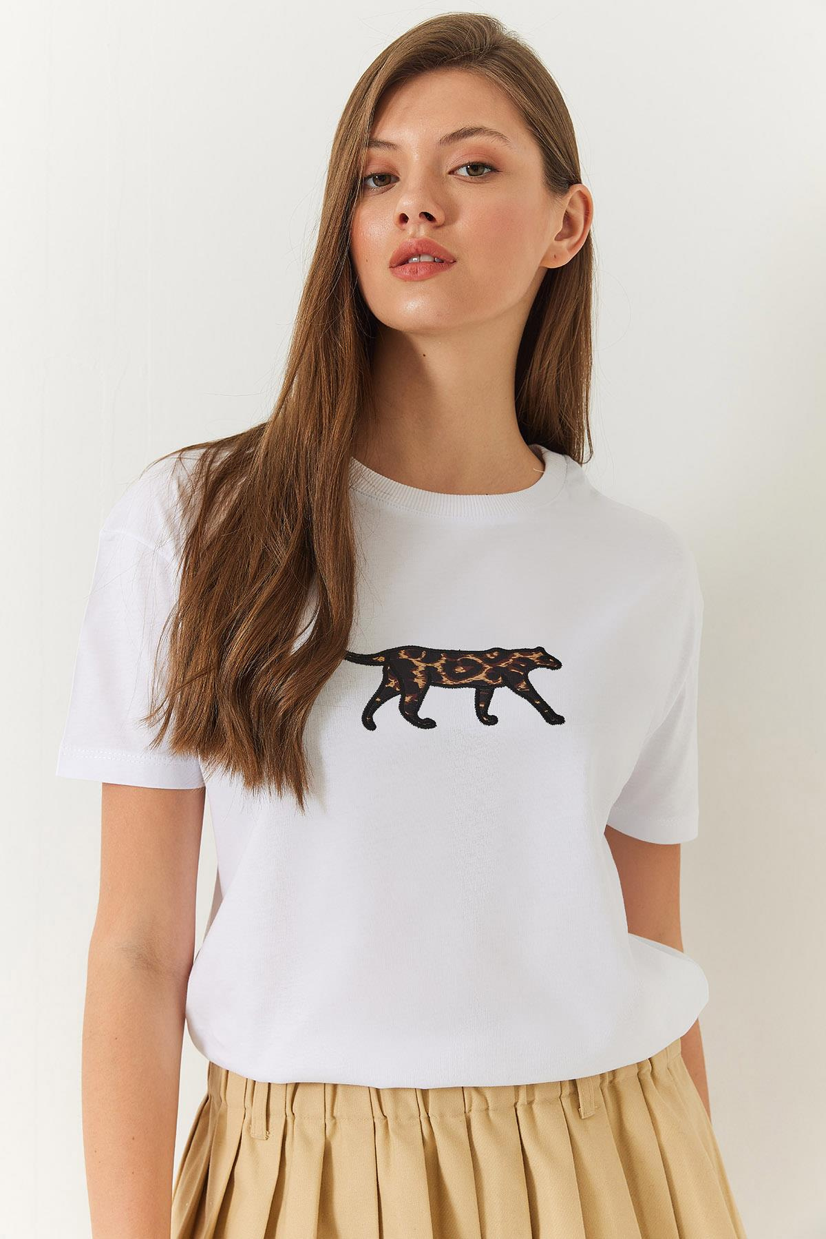 Leopar Baskılı Tshirt 60602006 - Beyaz