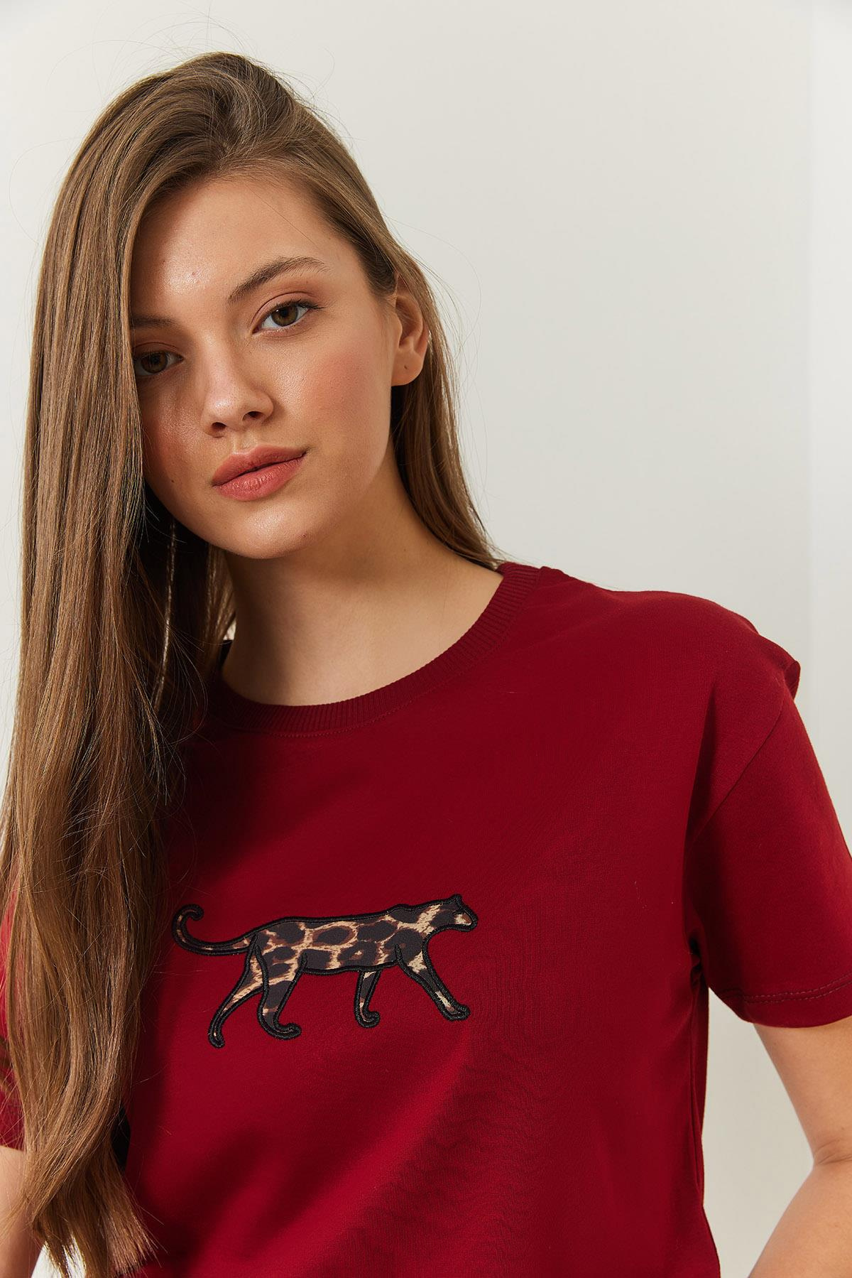 Leopar Baskılı Tshirt 60602006 - Bordo