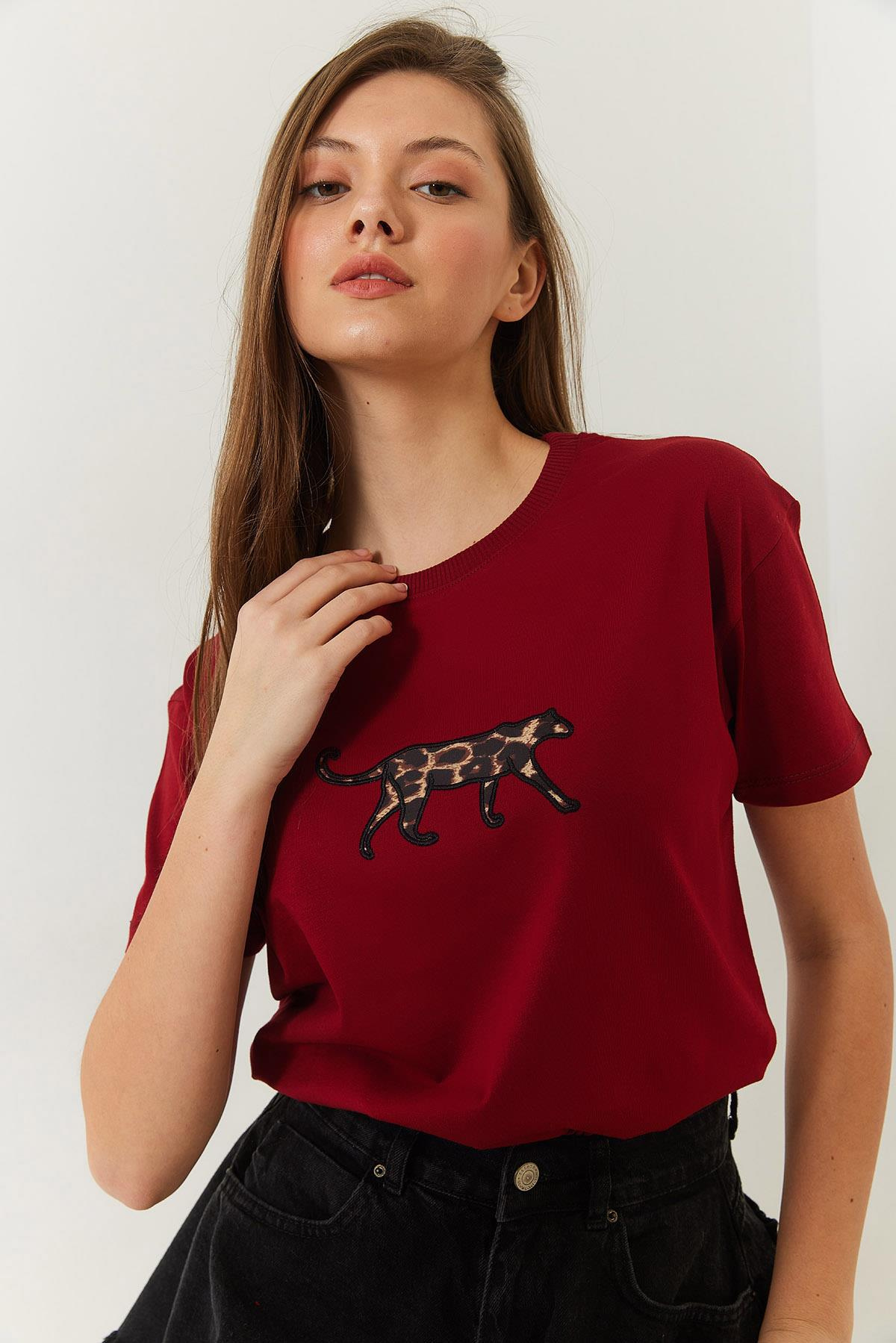 Leopar Baskılı Tshirt 60602006 - Bordo