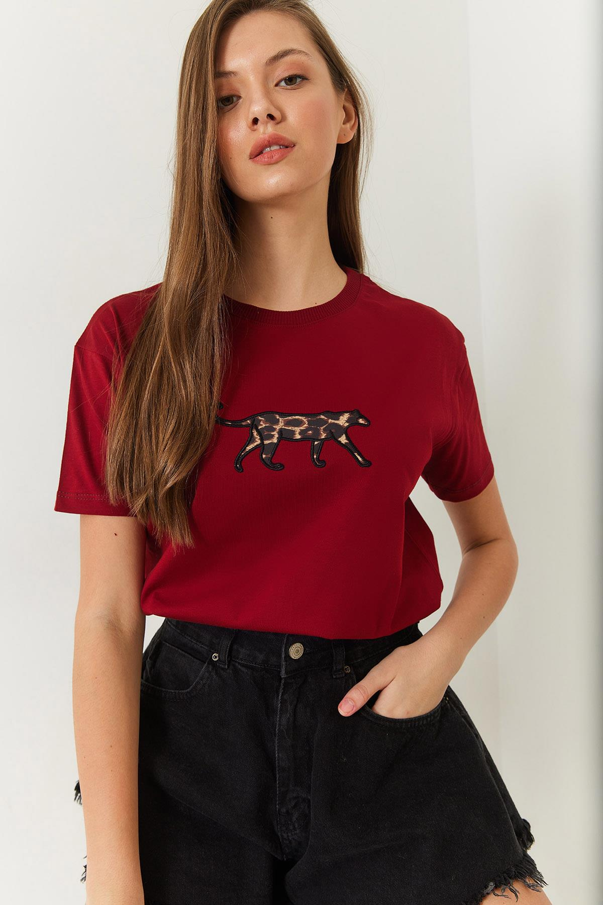 Leopar Baskılı Tshirt 60602006 - Bordo