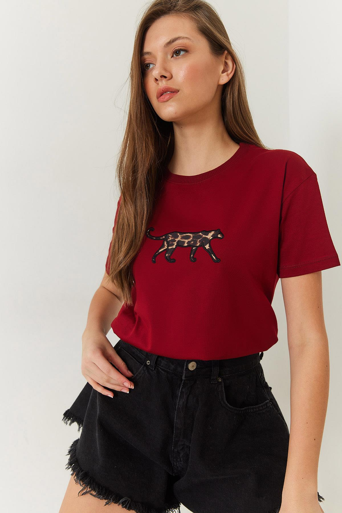 Leopar Baskılı Tshirt 60602006 - Bordo