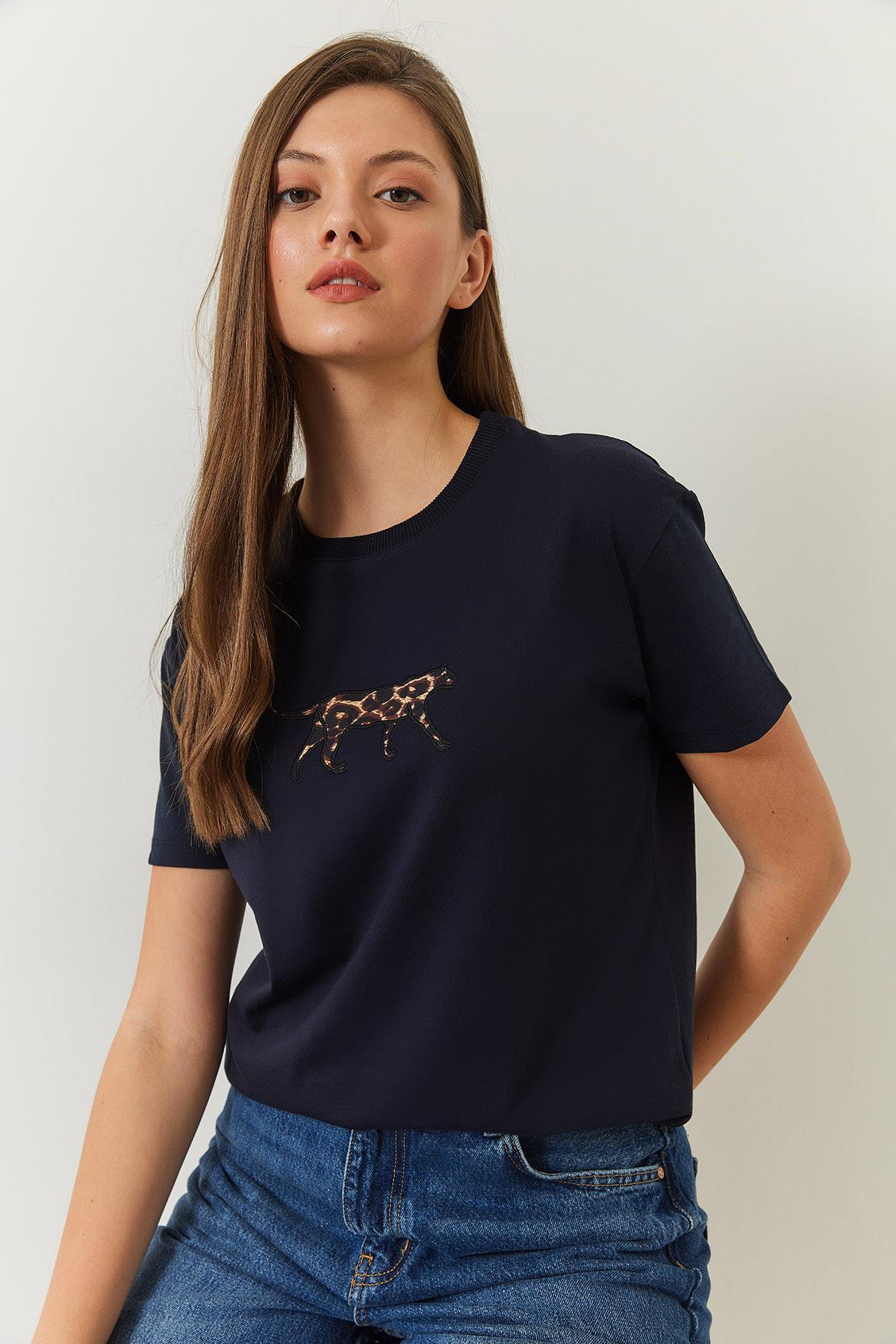 Leopar Baskılı Tshirt 60602006 - Lacivert