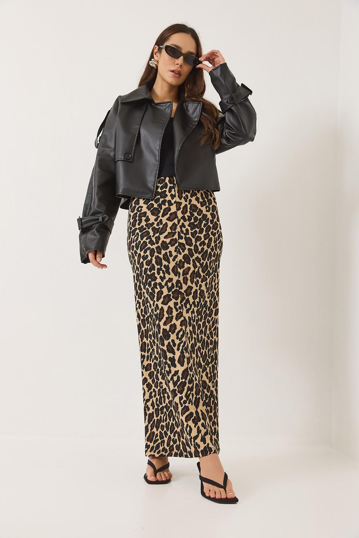 Leopar Desenli Beli Lastikli Uzun Kalem Etek 0258 60283170 - Leopar