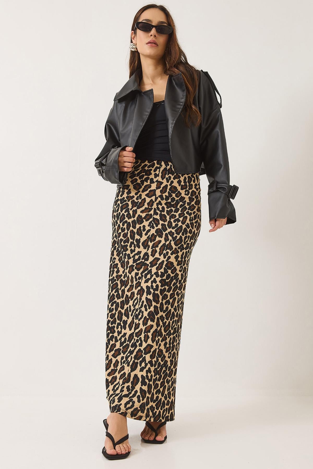 Leopar Desenli Beli Lastikli Uzun Kalem Etek 0258 60283170 - Leopar