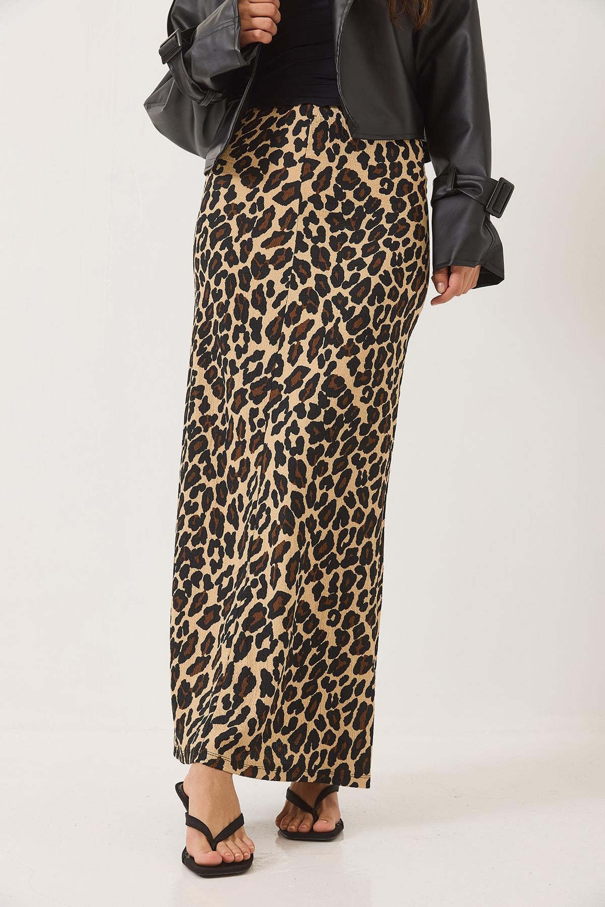 Leopar Desenli Beli Lastikli Uzun Kalem Etek 0258 60283170 - Leopar