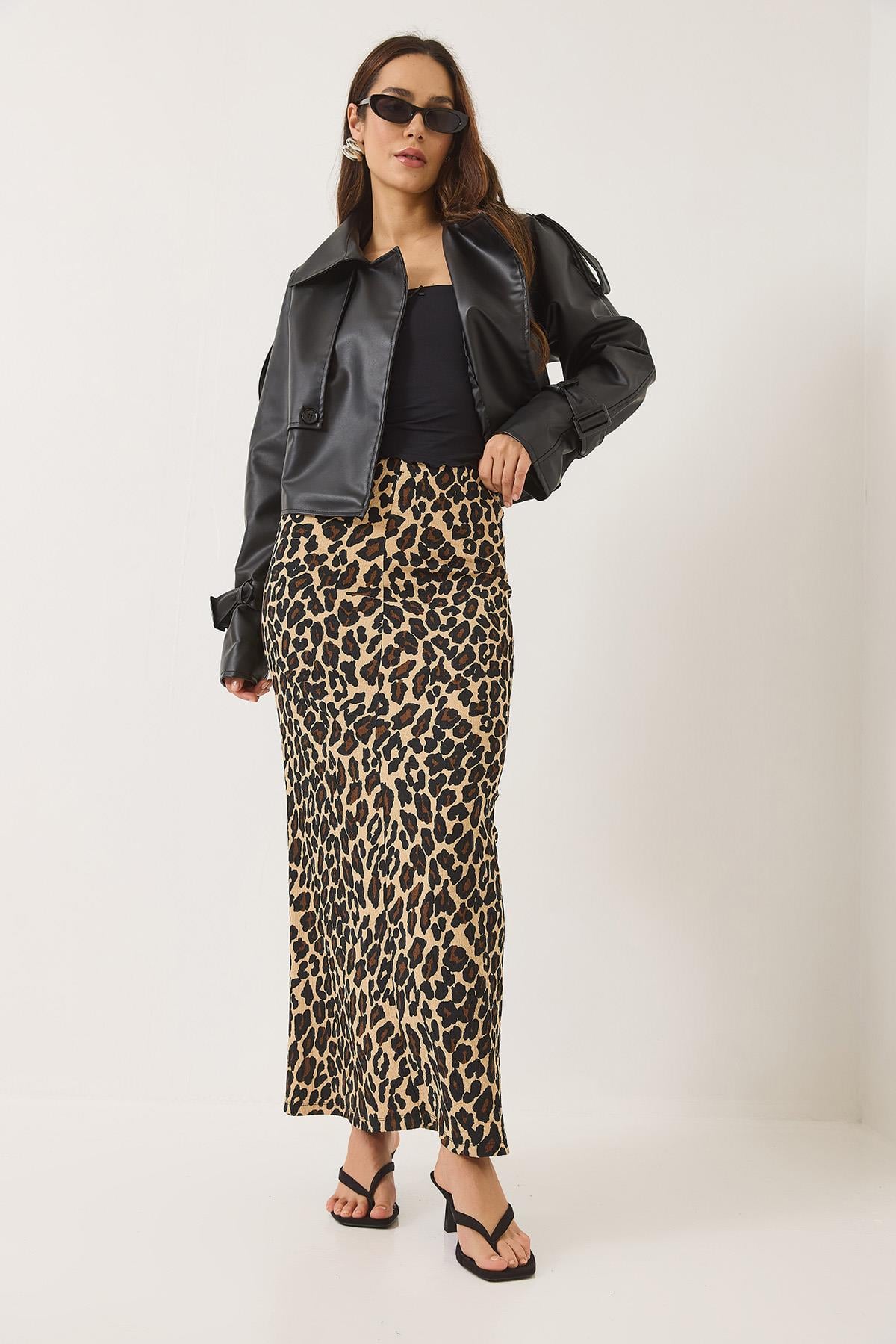 Leopar Desenli Beli Lastikli Uzun Kalem Etek 0258 60283170 - Leopar