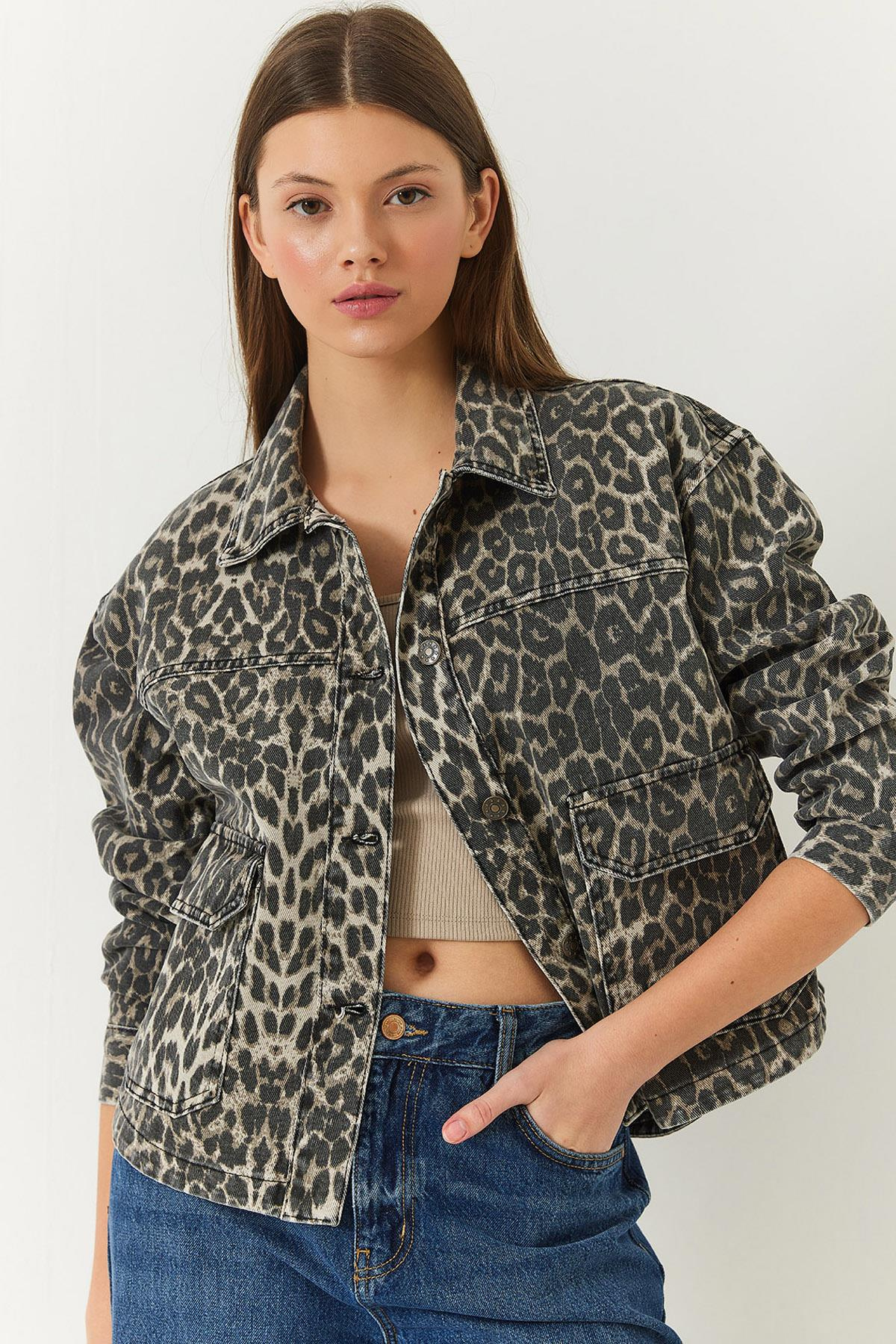 Leopar Desenli Cep Detaylı Yıkamalı Gabardin Ceket 239700 60261378 - Bej