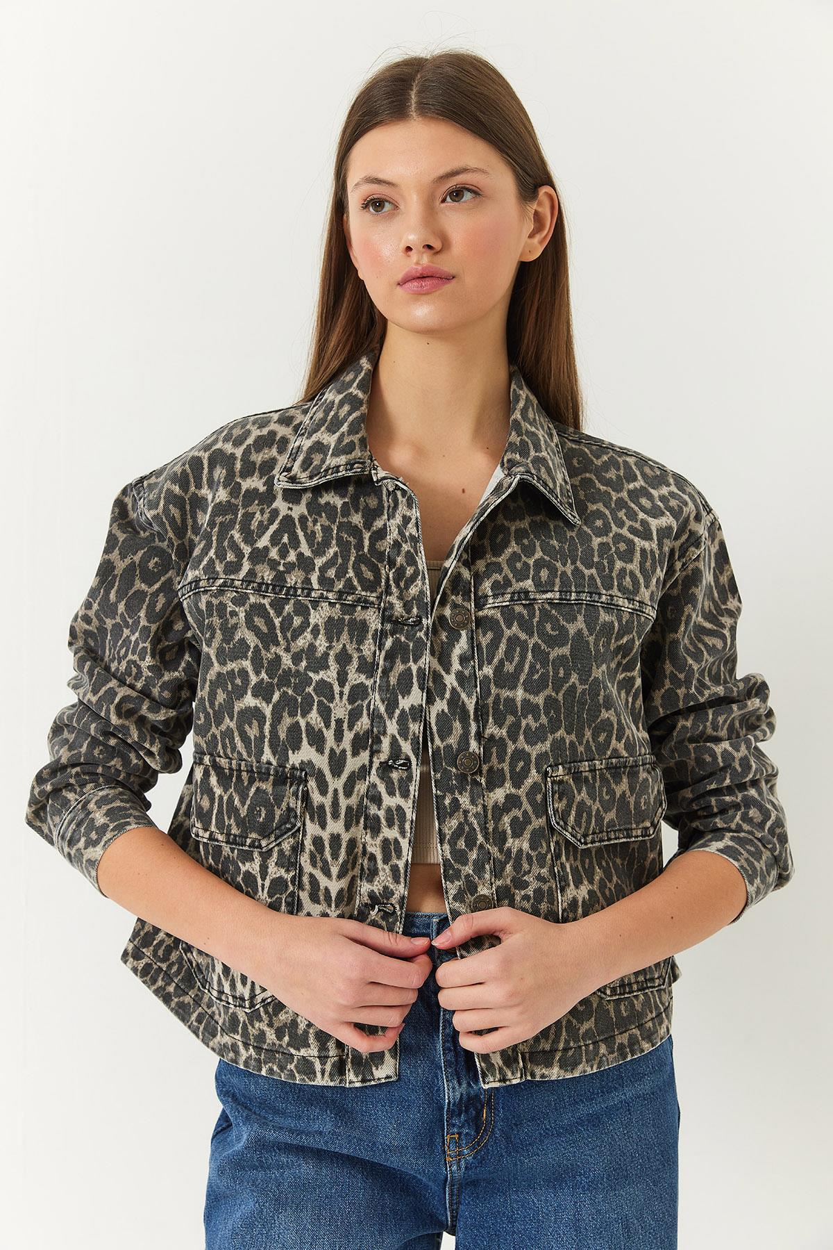 Leopar Desenli Cep Detaylı Yıkamalı Gabardin Ceket 239700 60261378 - Bej