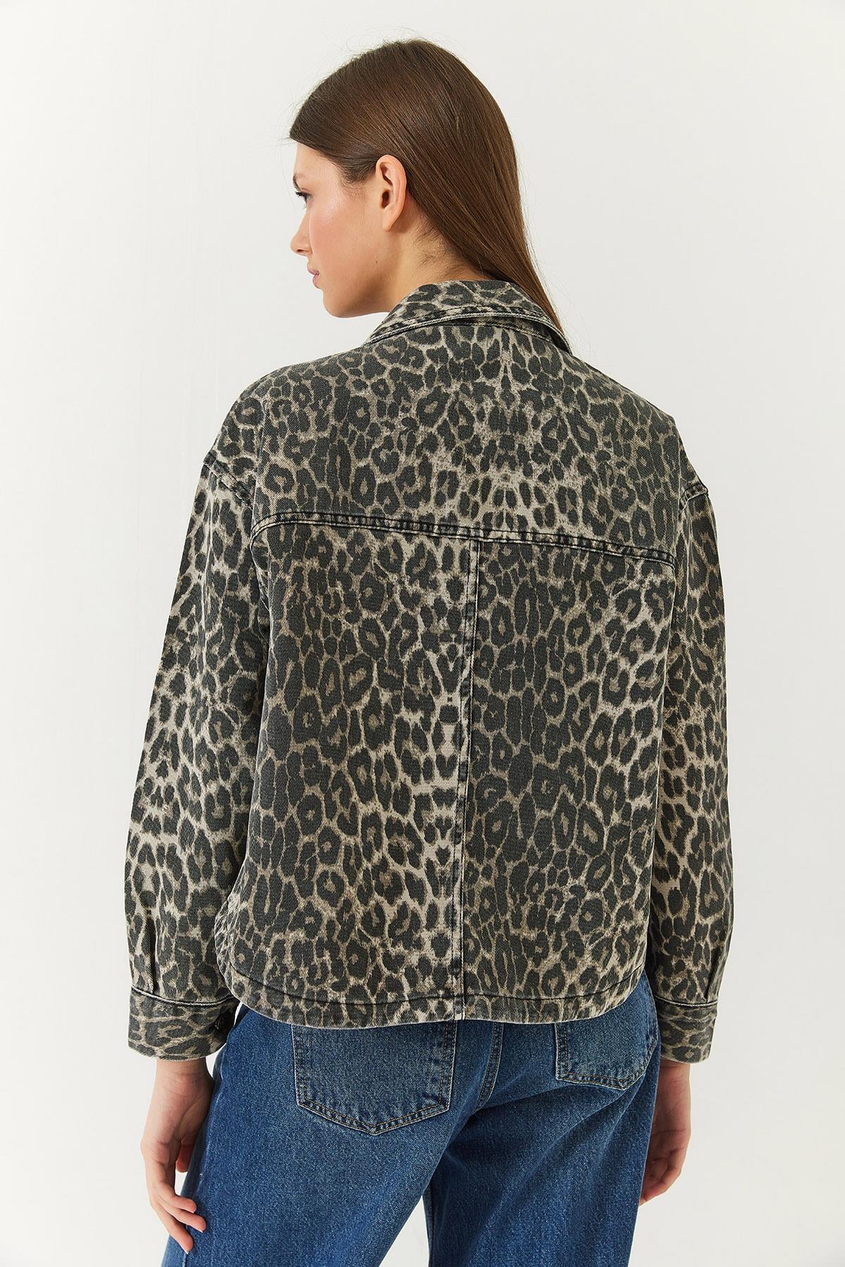 Leopar Desenli Cep Detaylı Yıkamalı Gabardin Ceket 239700 60261378 - Bej