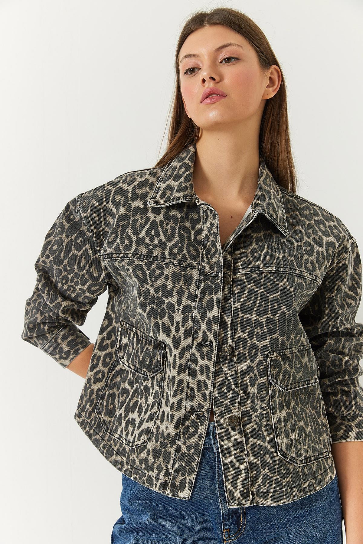Leopar Desenli Cep Detaylı Yıkamalı Gabardin Ceket 239700 60261378 - Bej