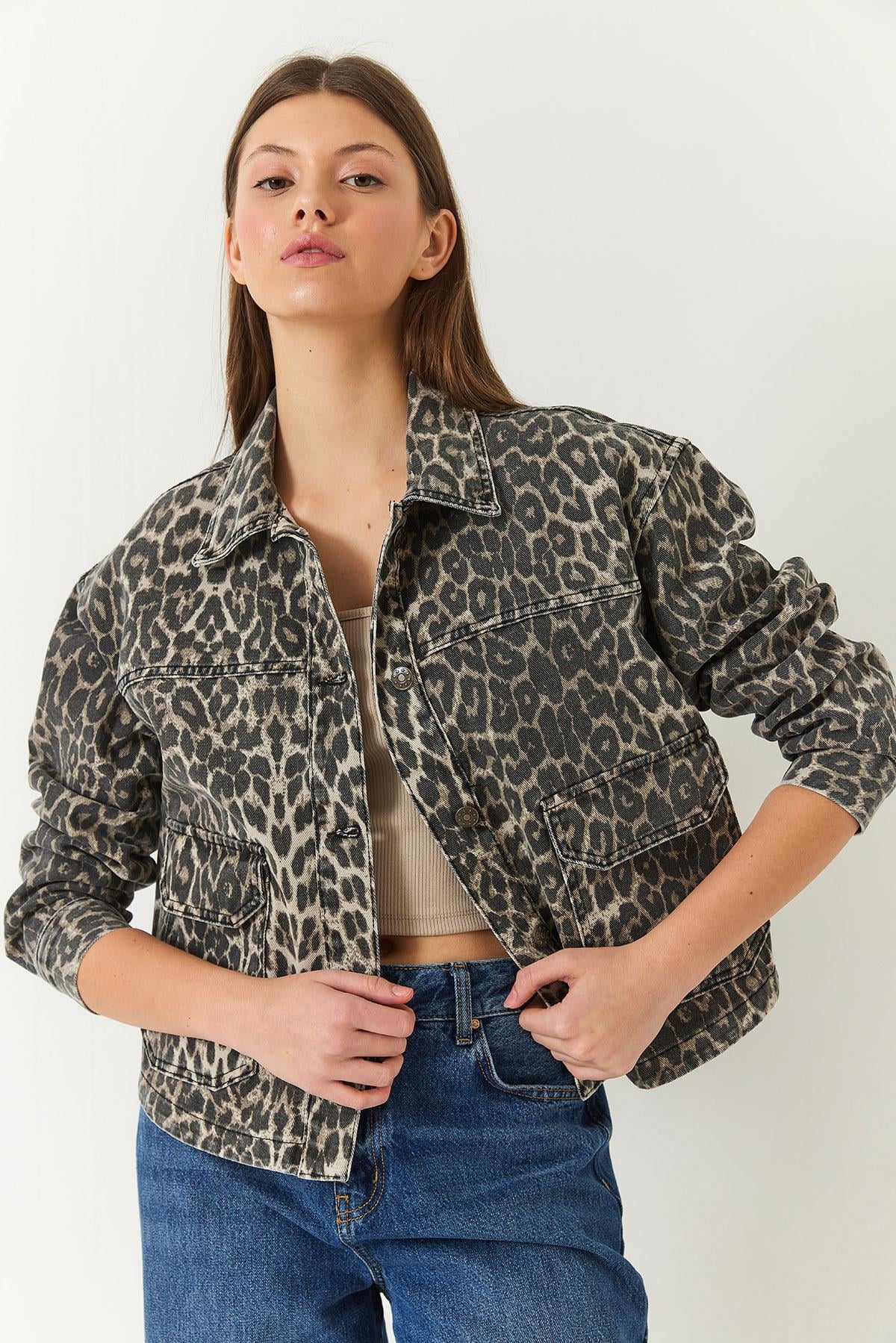 Leopar Desenli Cep Detaylı Yıkamalı Gabardin Ceket 239700 60261378 - Bej