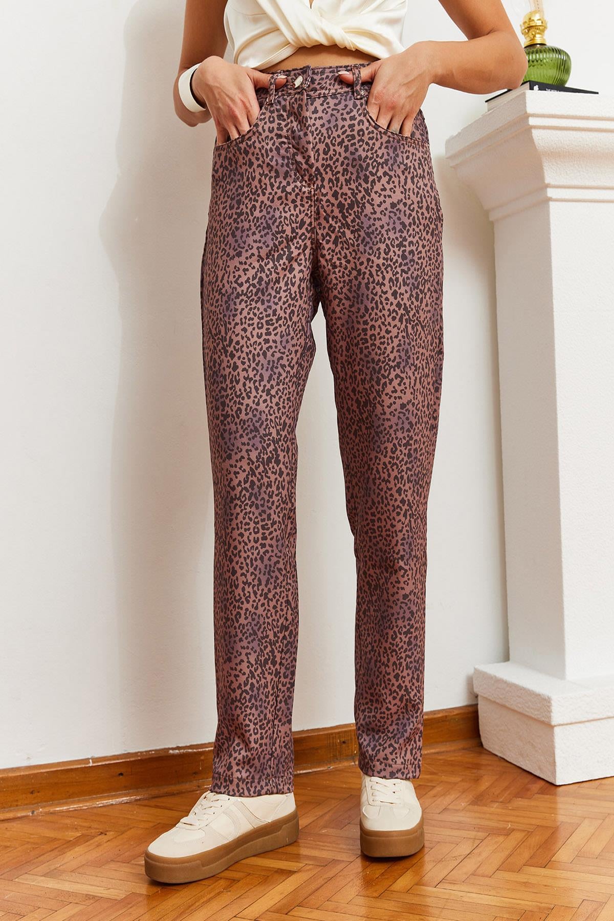 Leopar Desenli Denim Pantolon MBMS033 60501033 - Kahverengi