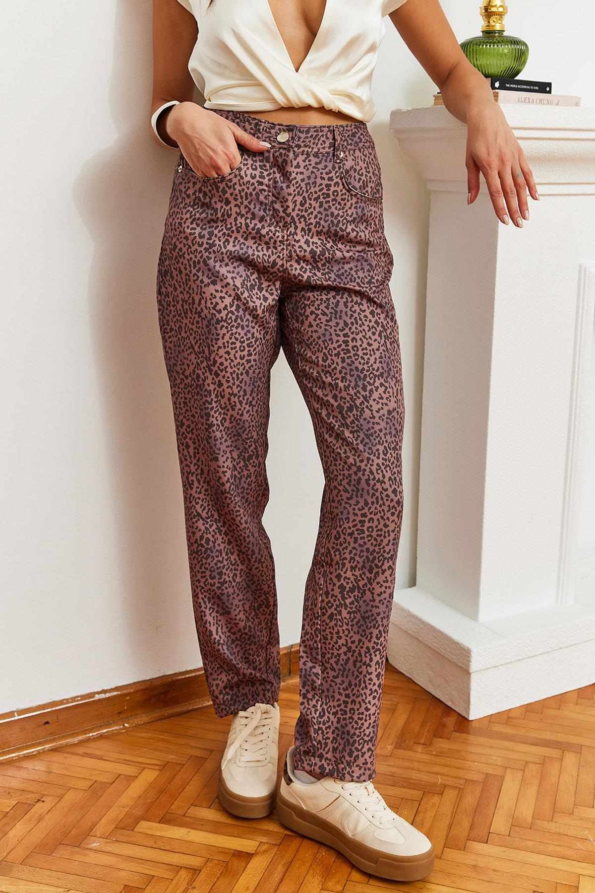 Leopar Desenli Denim Pantolon MBMS033 60501033 - Kahverengi