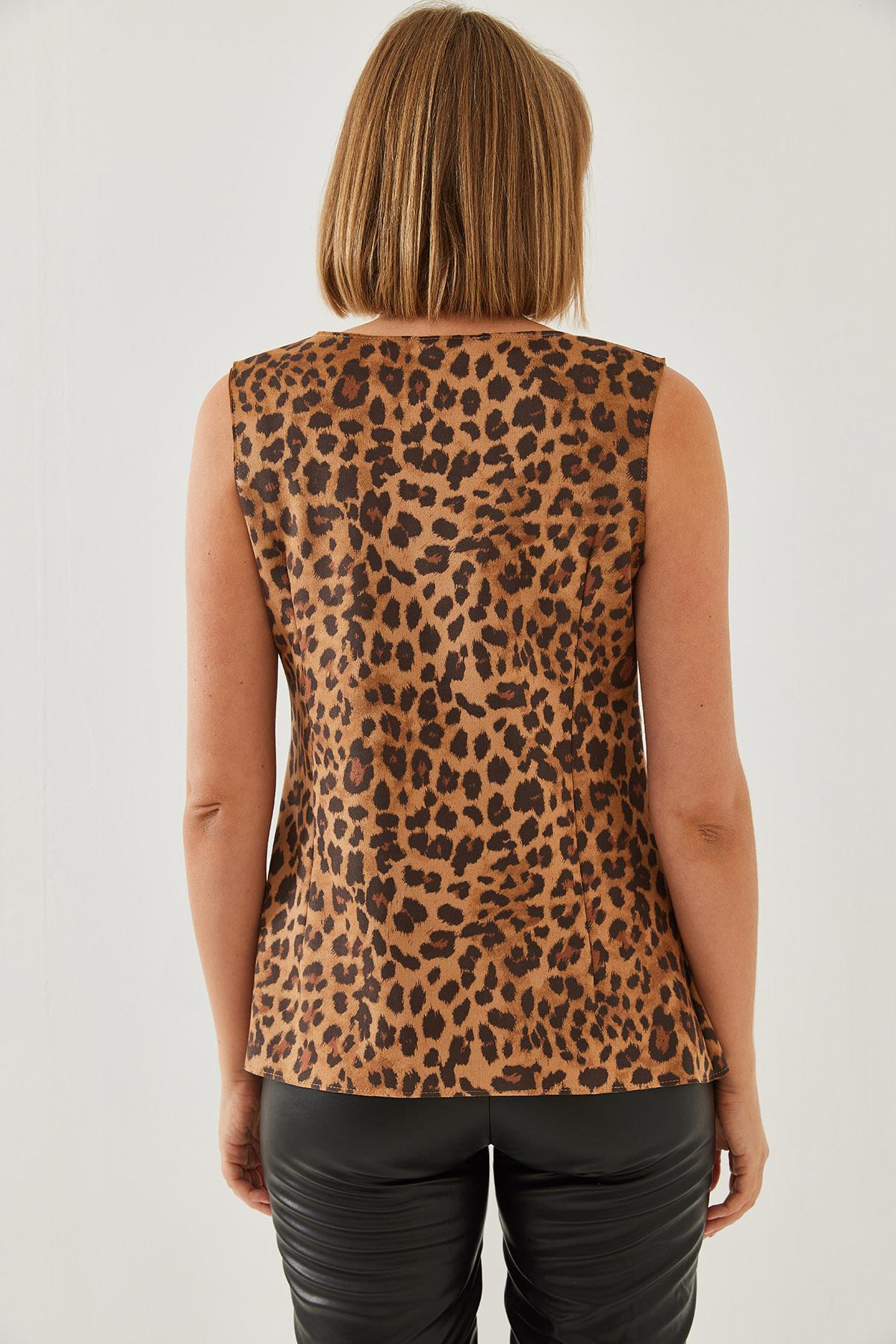 Leopar Desenli Düğmeli Süet Yelek 4460 60351220 - Siyah-Camel