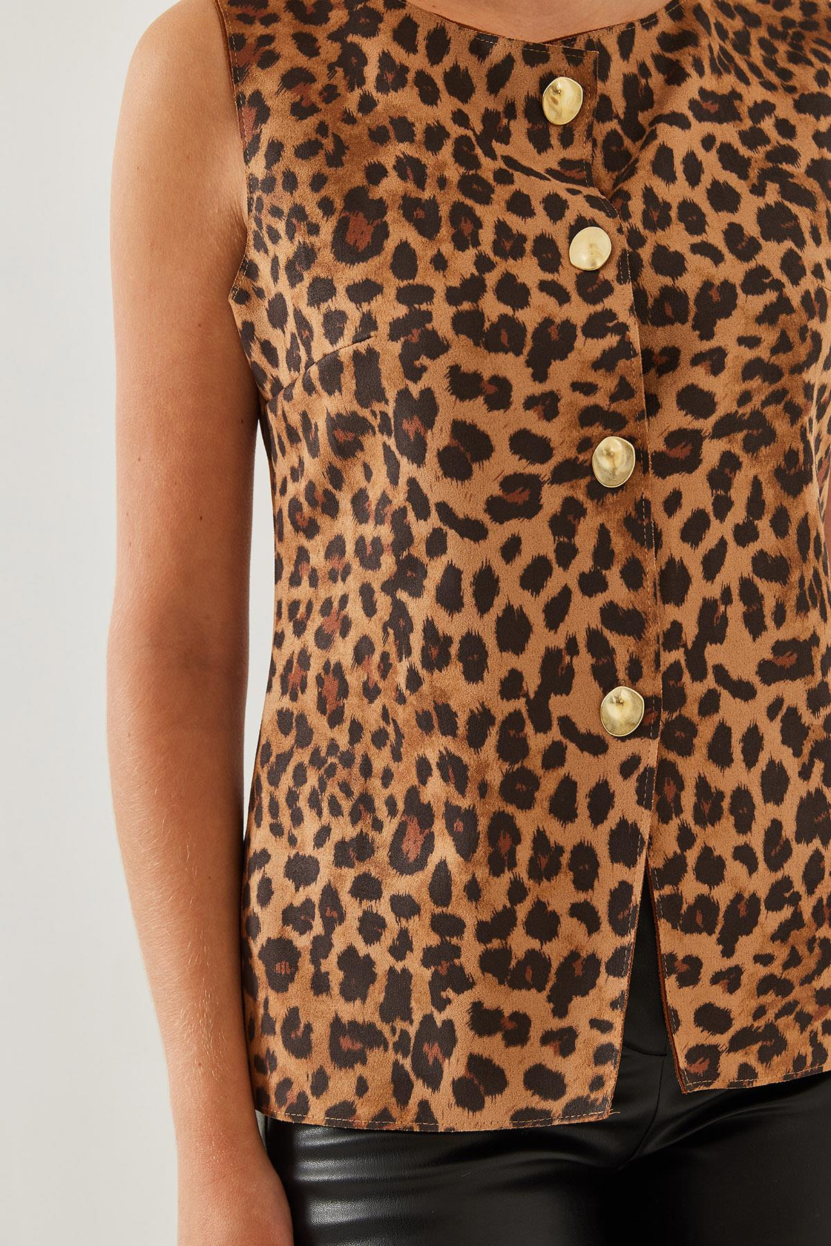 Leopar Desenli Düğmeli Süet Yelek 4460 60351220 - Siyah-Camel
