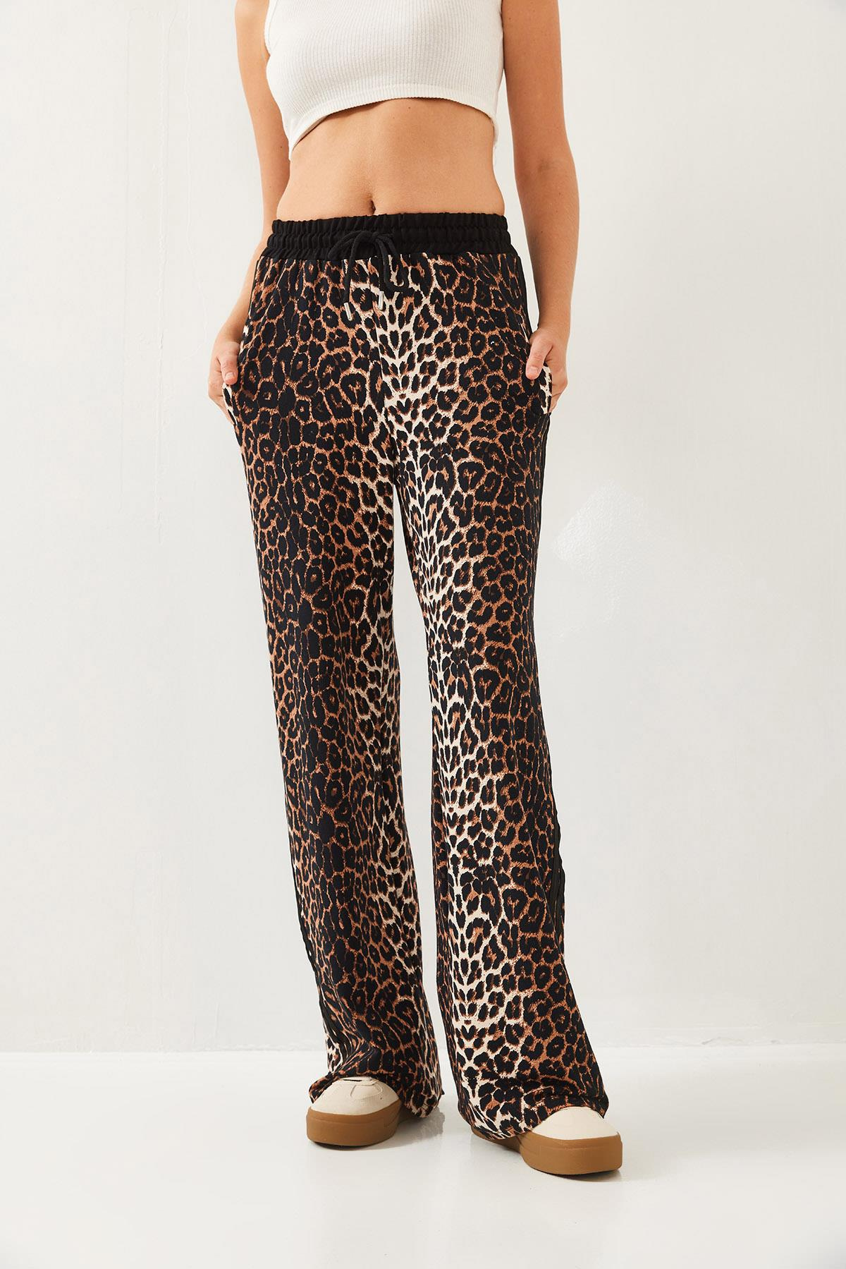 Leopar Desenli Modal Kumaş Palazzo Pantolon 60351237 - Siyah-Camel