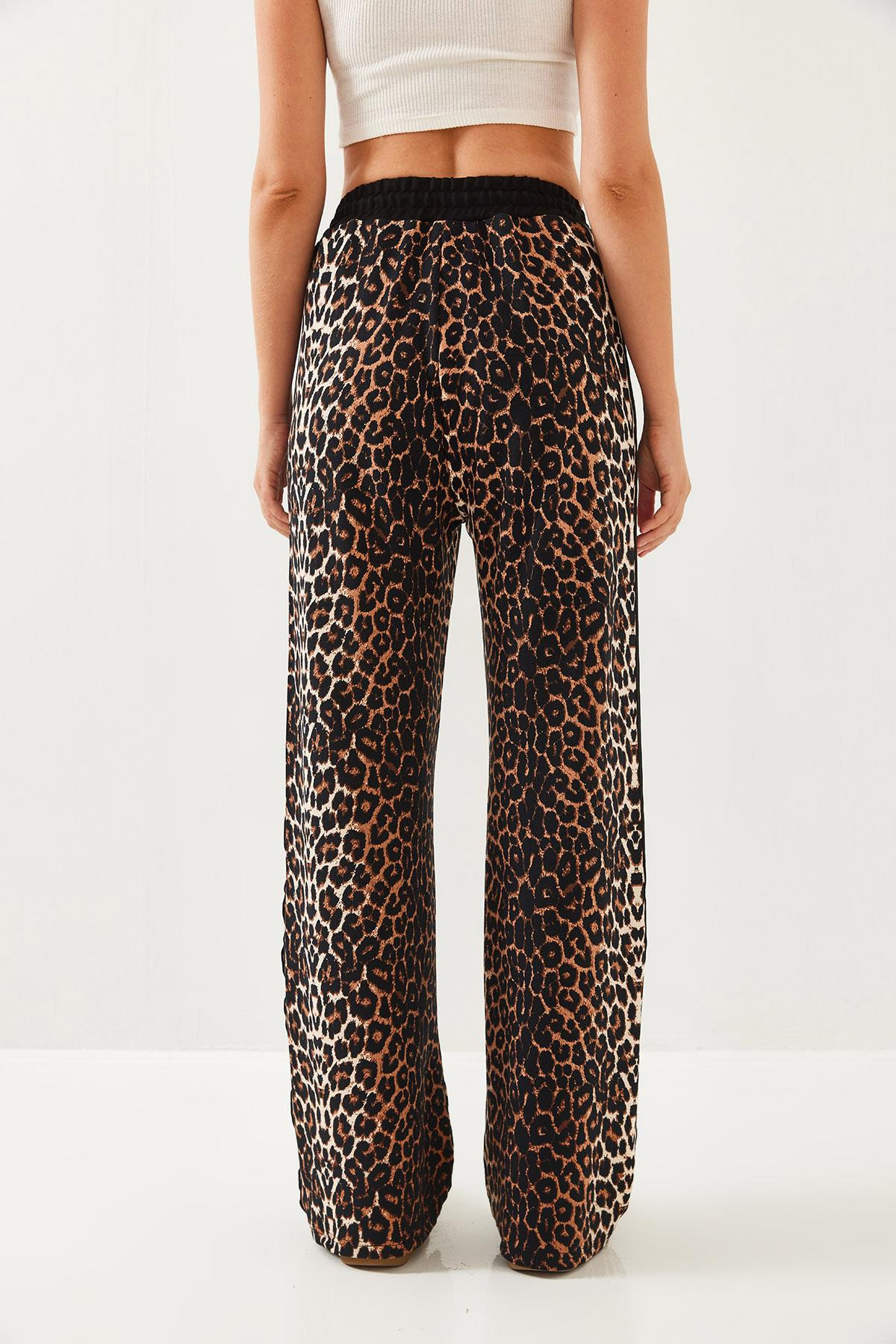 Leopar Desenli Modal Kumaş Palazzo Pantolon 60351237 - Siyah-Camel