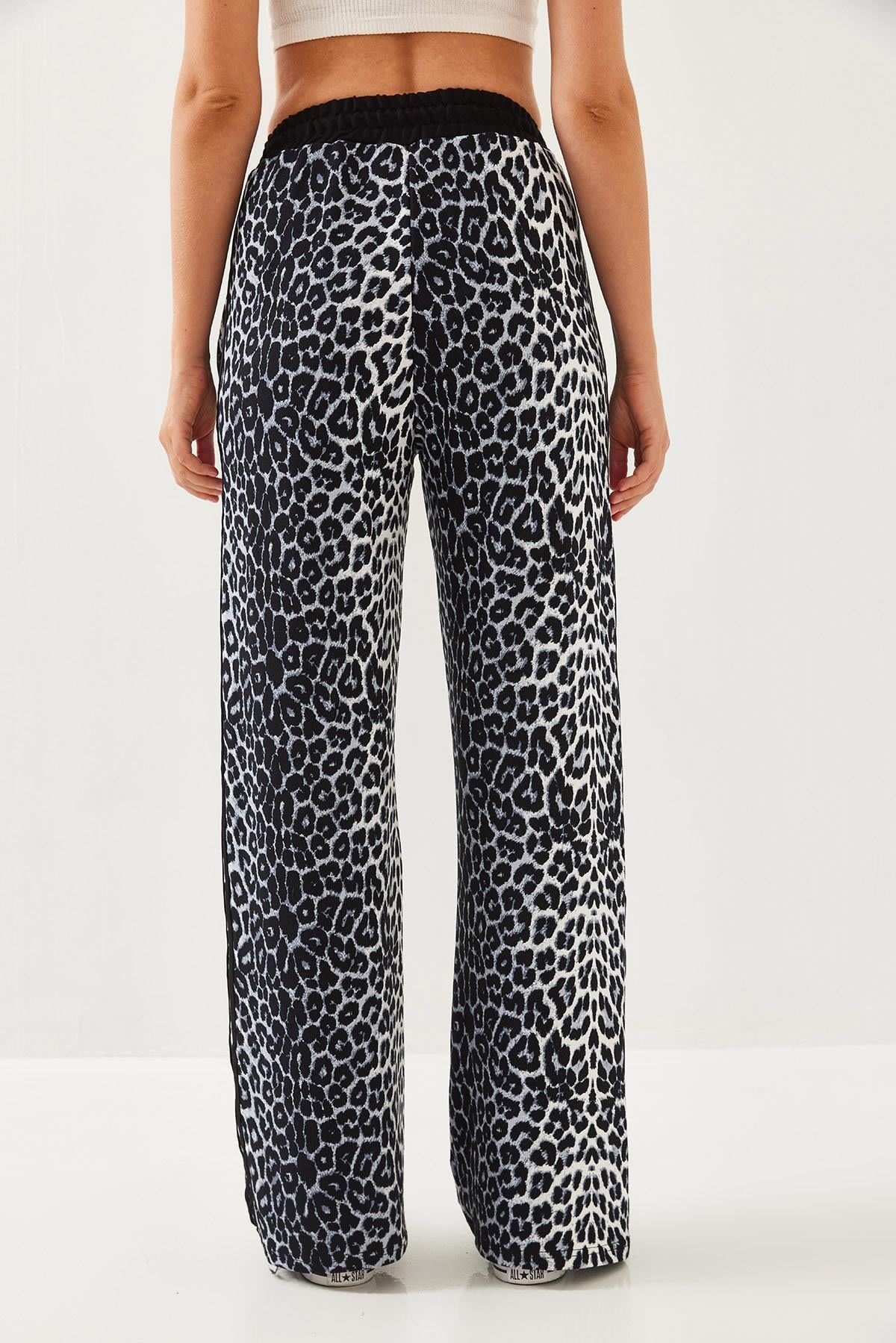 Leopar Desenli Modal Kumaş Palazzo Pantolon 60351237 - Siyah-Gri