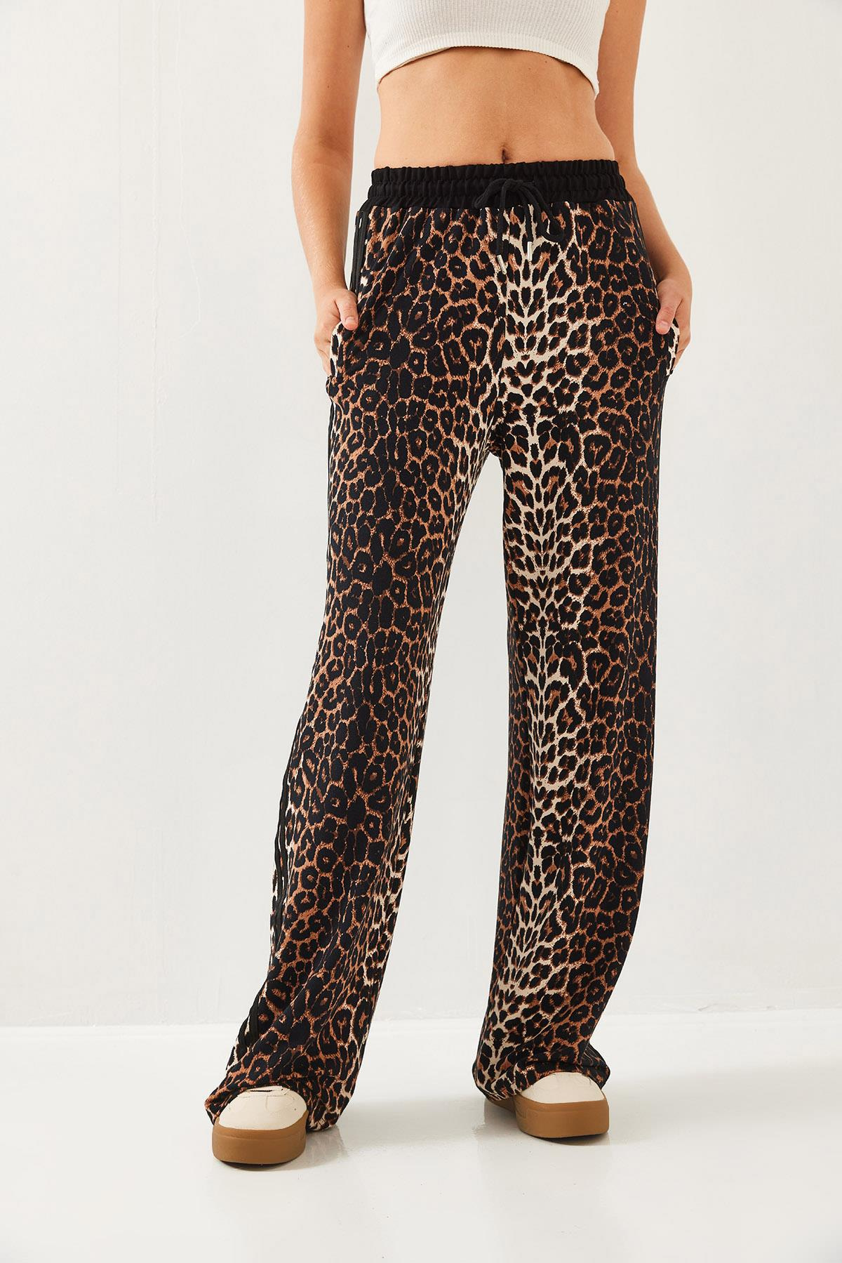 Leopar Desenli Modal Kumaş Palazzo Pantolon 60351237 - Siyah-Camel