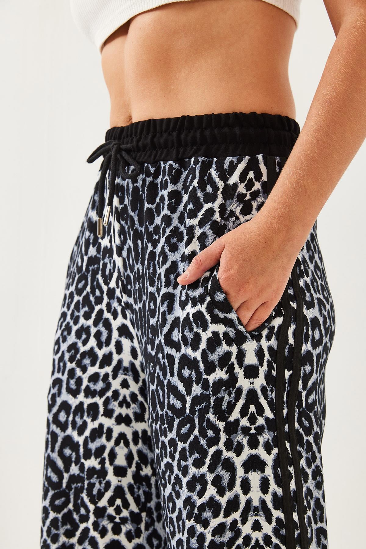 Leopar Desenli Modal Kumaş Palazzo Pantolon 60351237 - Siyah-Gri