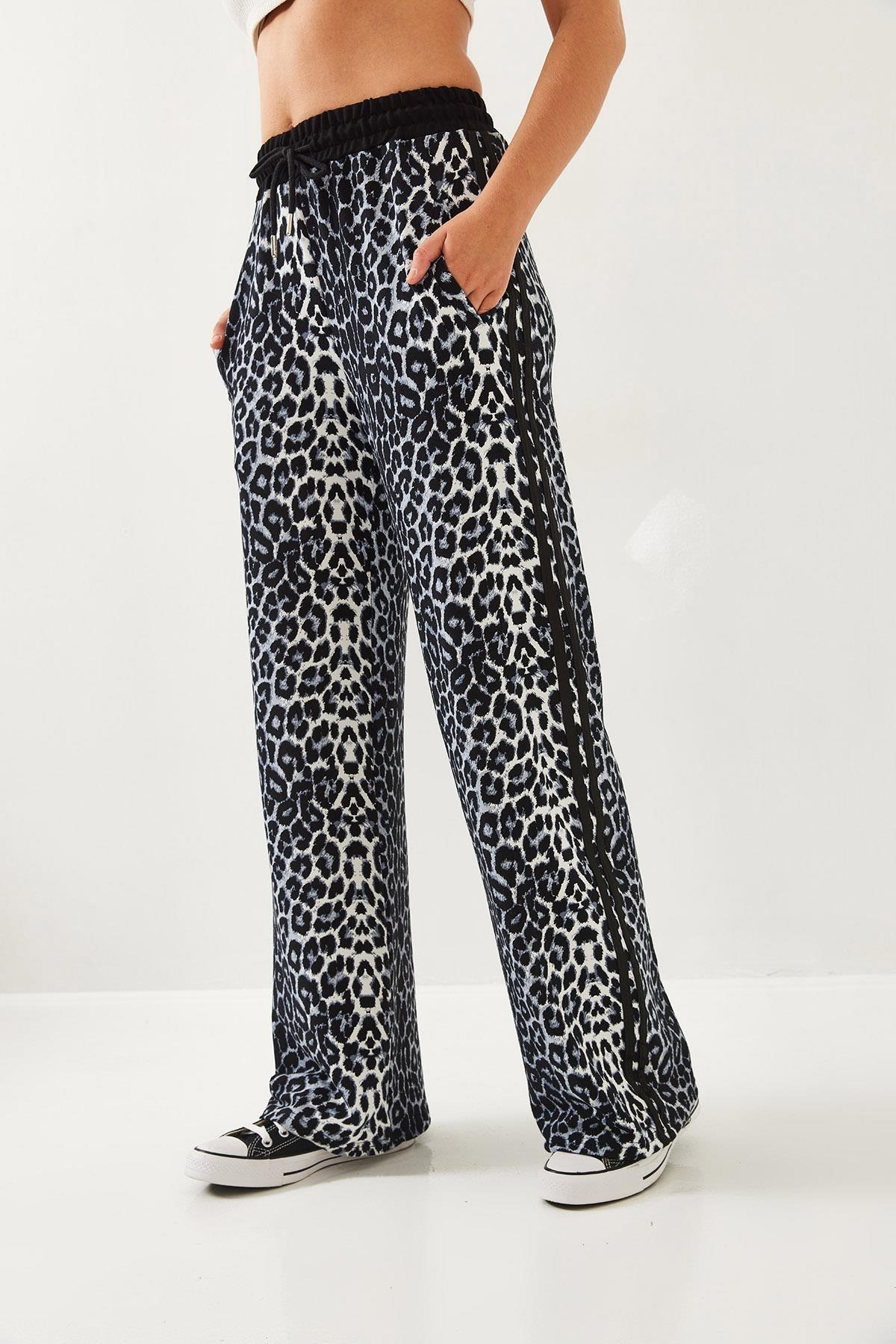 Leopar Desenli Modal Kumaş Palazzo Pantolon 60351237 - Siyah-Gri