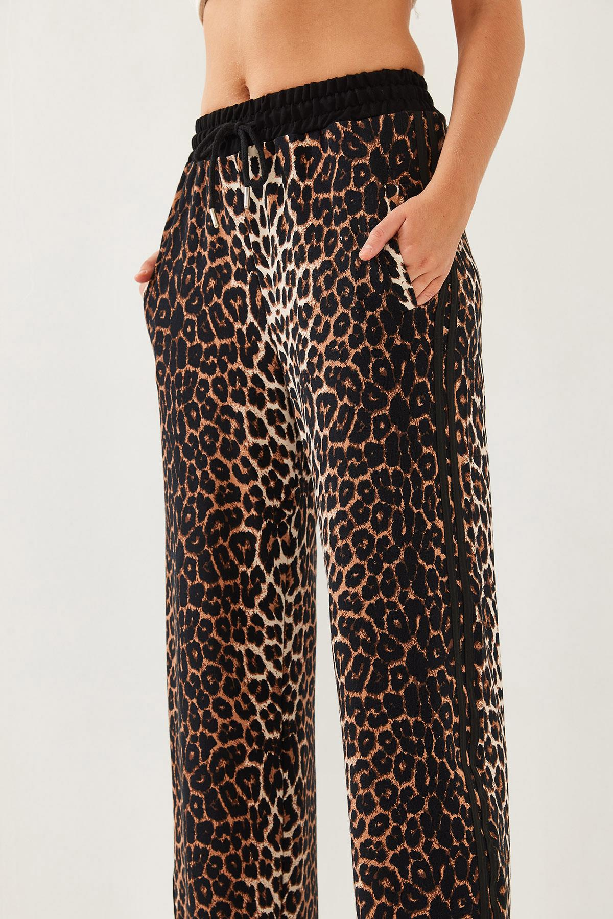 Leopar Desenli Modal Kumaş Palazzo Pantolon 60351237 - Siyah-Camel