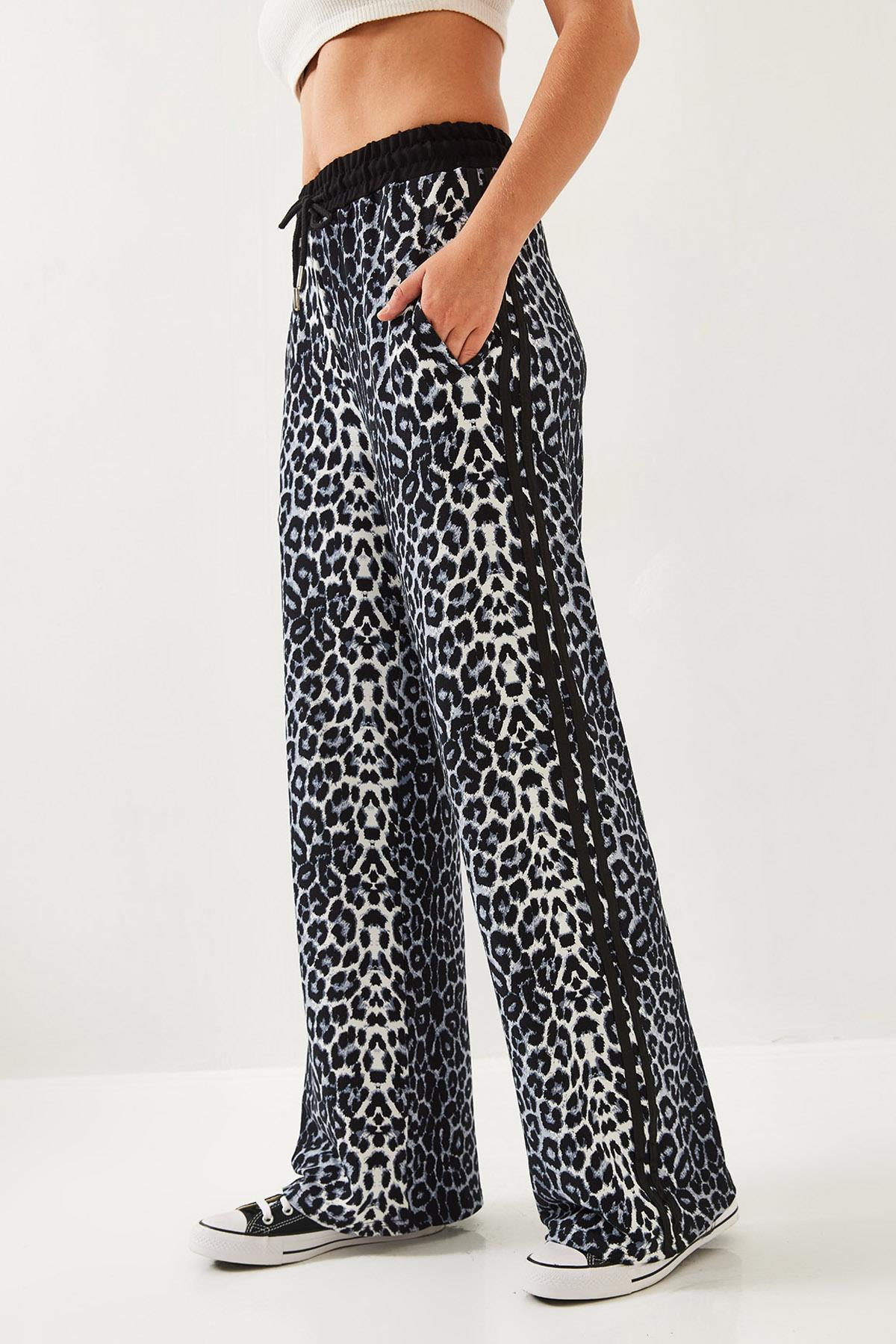 Leopar Desenli Modal Kumaş Palazzo Pantolon 60351237 - Siyah-Gri