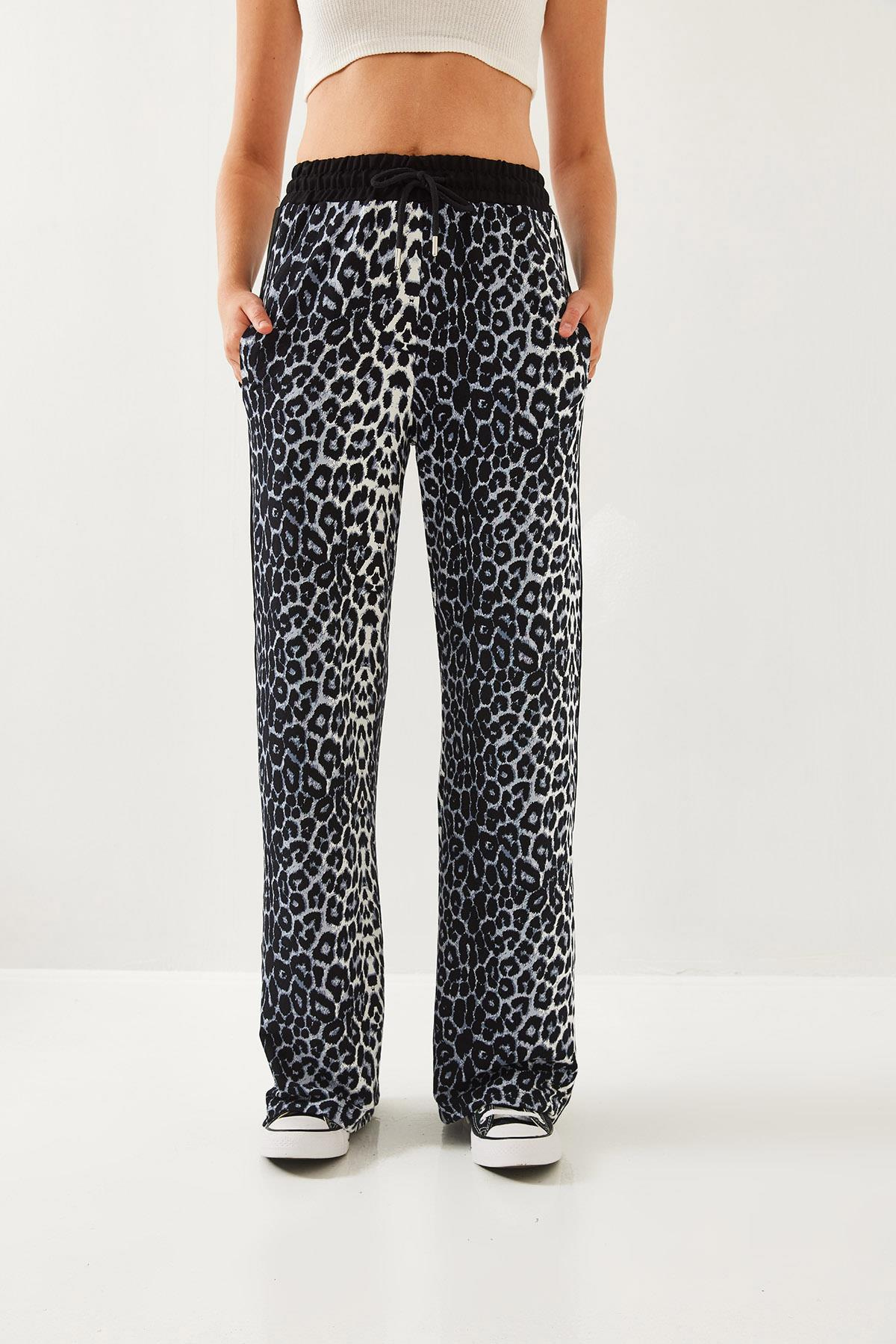 Leopar Desenli Modal Kumaş Palazzo Pantolon 60351237 - Siyah-Gri