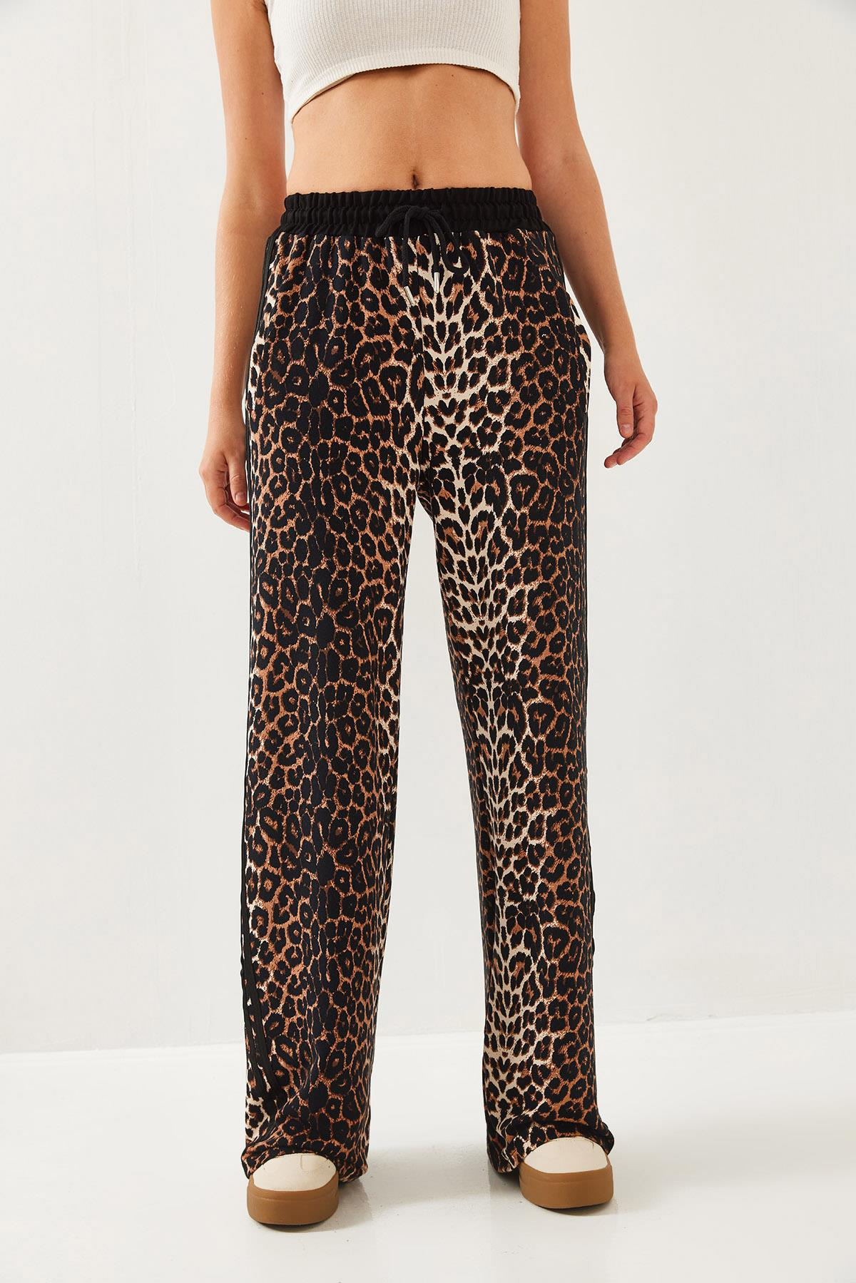 Leopar Desenli Modal Kumaş Palazzo Pantolon 60351237 - Siyah-Camel