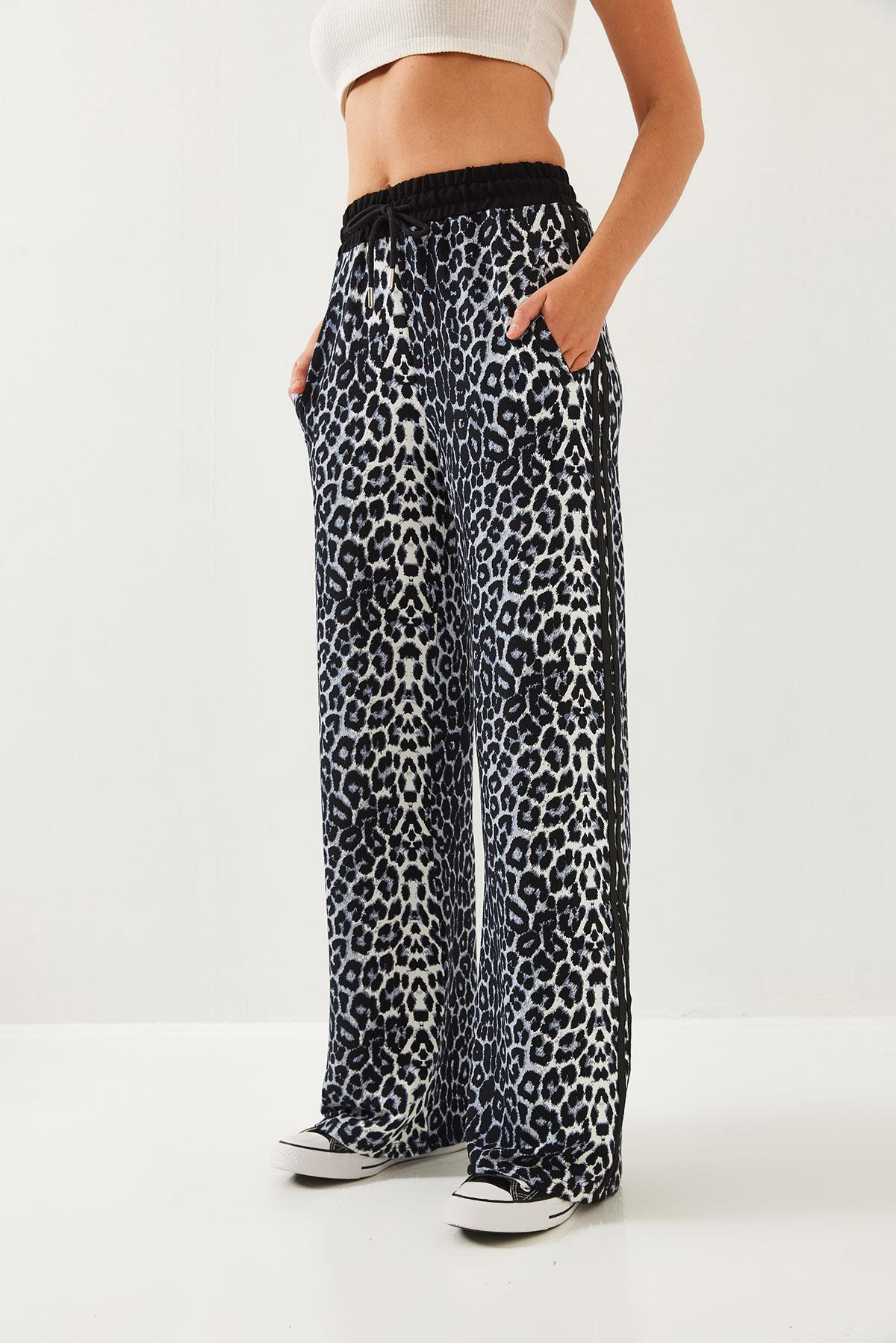 Leopar Desenli Modal Kumaş Palazzo Pantolon 60351237 - Siyah-Gri