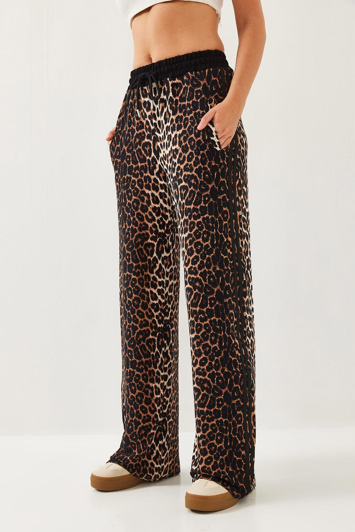 Leopar Desenli Modal Kumaş Palazzo Pantolon 60351237 - Siyah-Camel