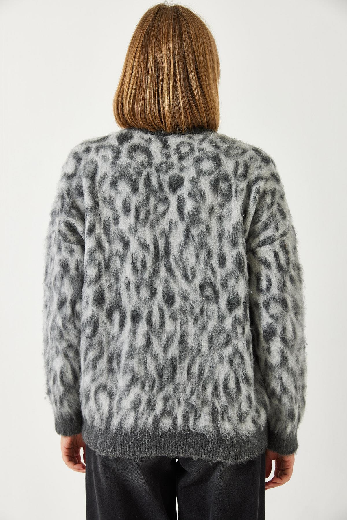 Leopar Desenli Şardonlu Triko Kazak 4597 60351279 - Gri-Antrasit