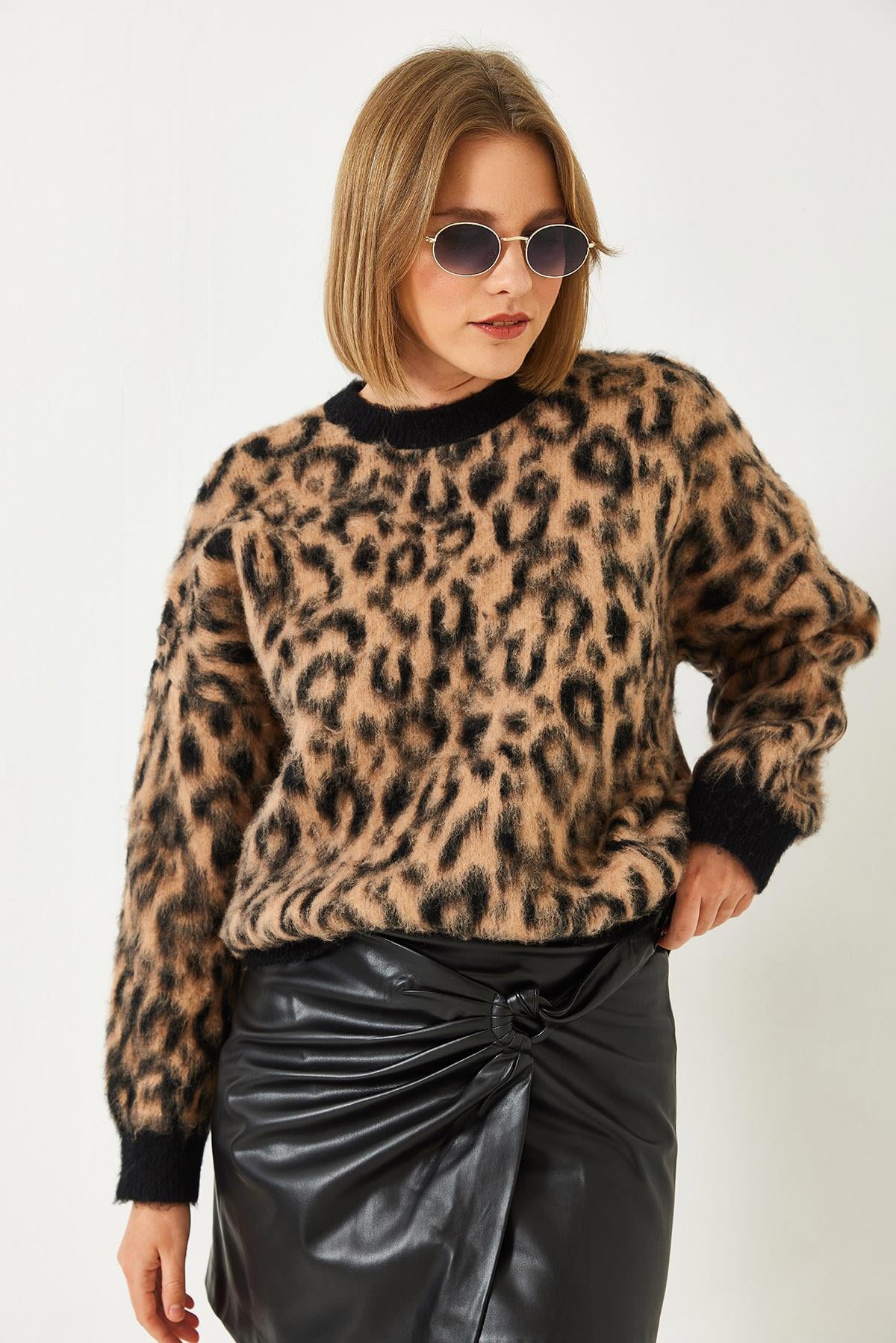 Leopar Desenli Şardonlu Triko Kazak 4597 60351279 - Siyah-Camel