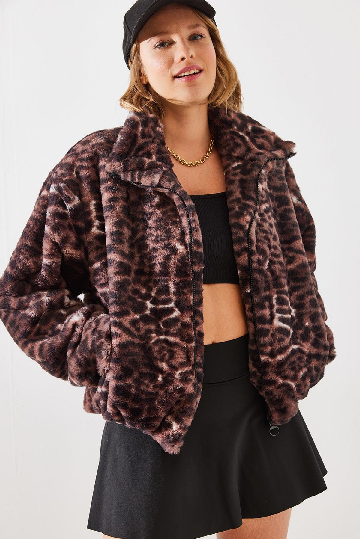 Leopar Desenli Suni Kürk Mont 2426 60251795 - Mürdüm DIŞ GİYİM modelleri